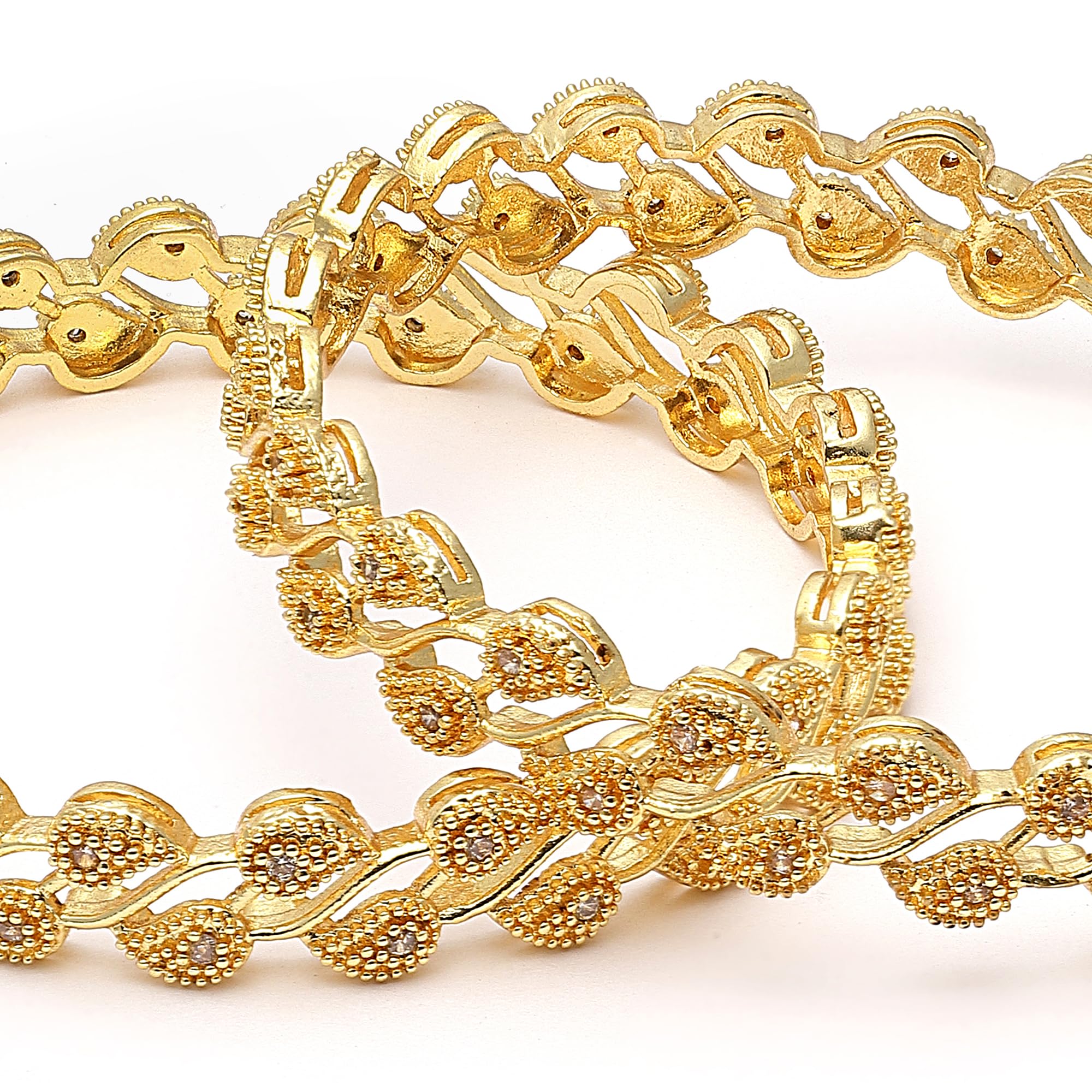 Leaf Shaped American Diamond Plated Bangles For Women (Gold, 2.4)