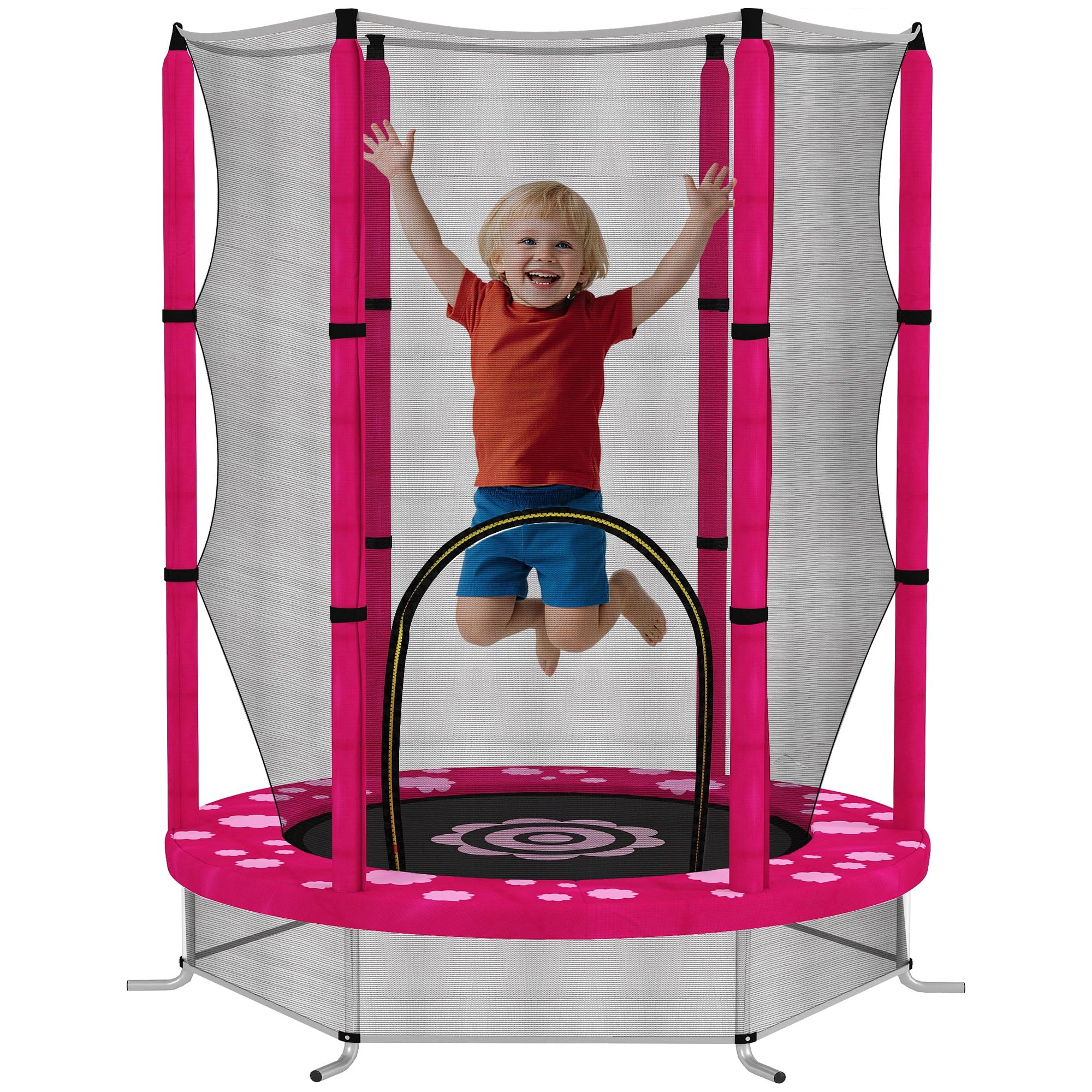 AIYAPLAY 4.6ft Kids Trampoline with Enclosure Net, Recreational Toddler Trampoline with Floor Protection Net, Reinforced Steel Frame for Indoor Outdoor Use, Ages 3-6 Years, Sun Pattern, Pink