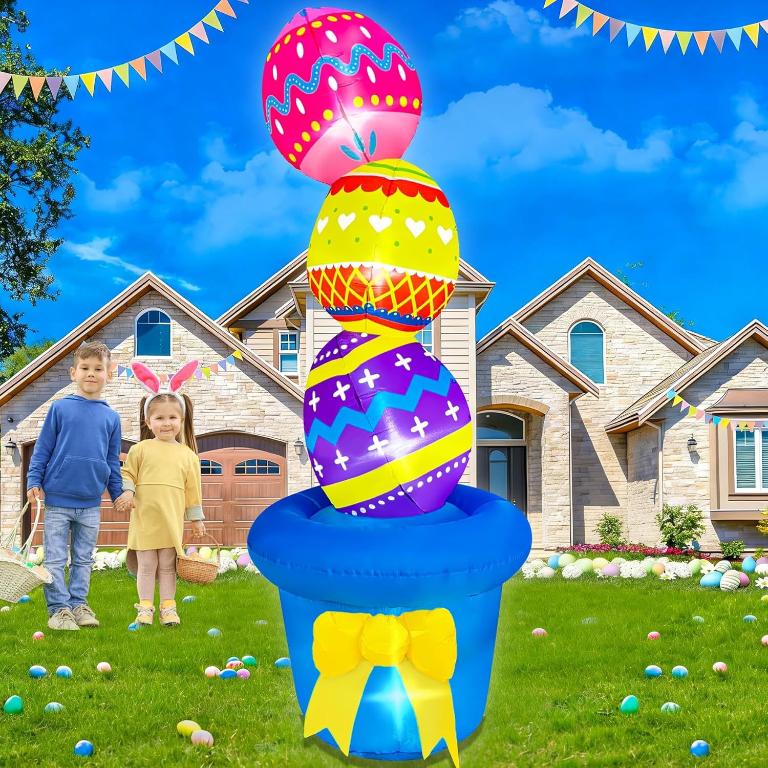 Easter Inflatables Outdoor Decorations 6FT Inflatable Stacked Eggs on Flowerpot Built-in LED Lights for Spring Holiday Party Indoor Outdoor Blow Up Decor for Garden Lawn Patio Decoration