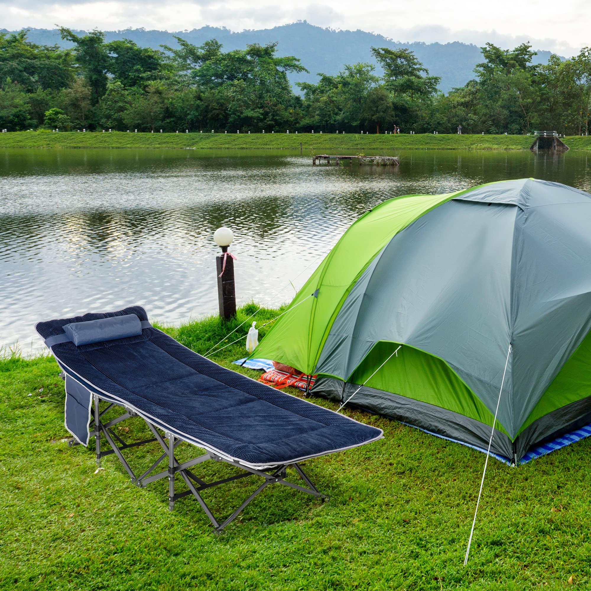 Outsunny Lit de camping pliable Lit de camp pliable avec oreiller Poche latérale Matelas Lit d'invité pouvant supporter jusqu'à 150 kg Voyage Outdoor Oxford bleu foncé 188 x 64,5 x 53 cm