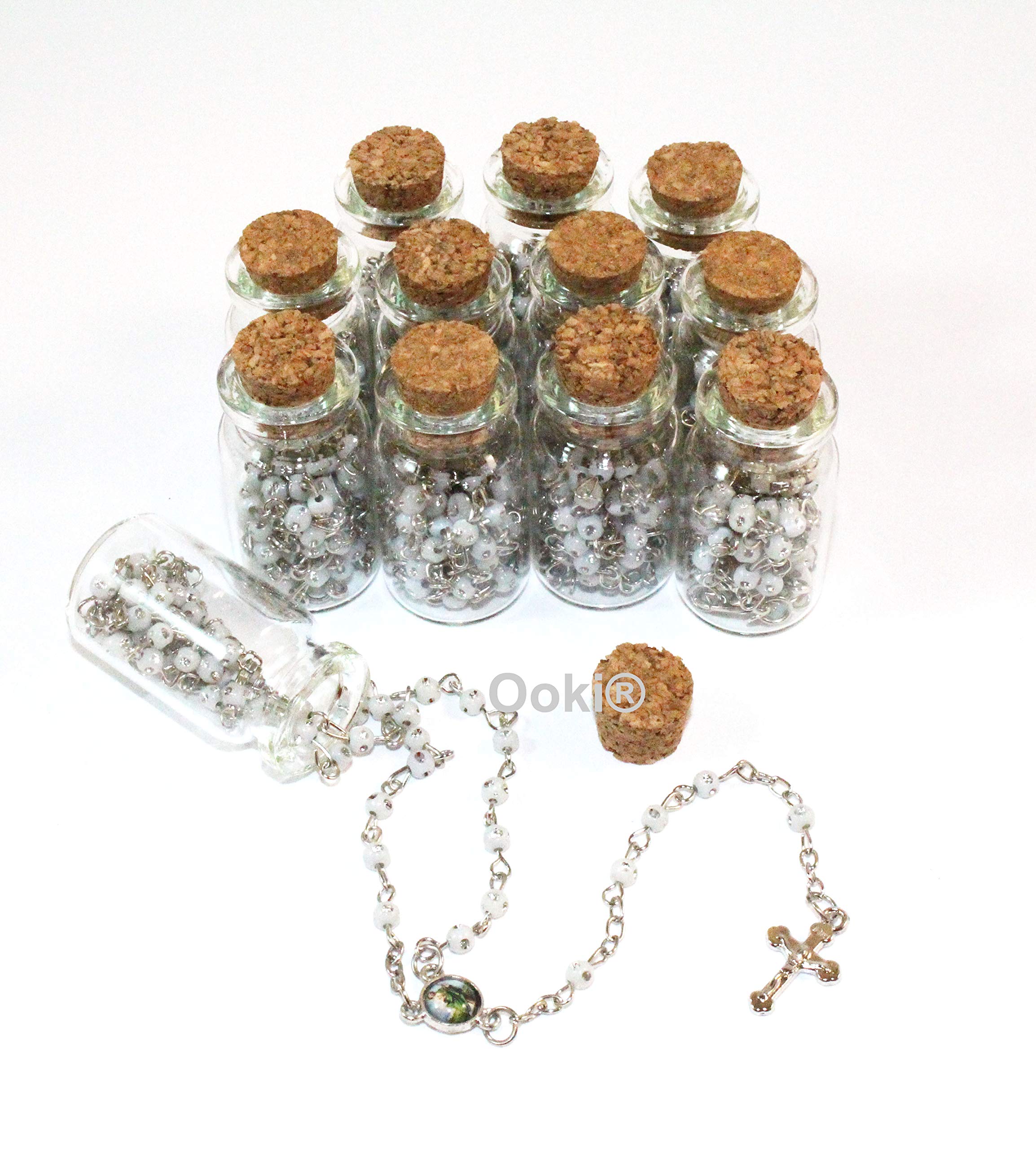 12 pcs Jesus Good Shepherd Rosary In Glass Jar Bottle Beads White Beaded Rosary Silver CATHOLIC Crucifix Necklace Virgin Mary lot of 12, Glass, No Gemstone