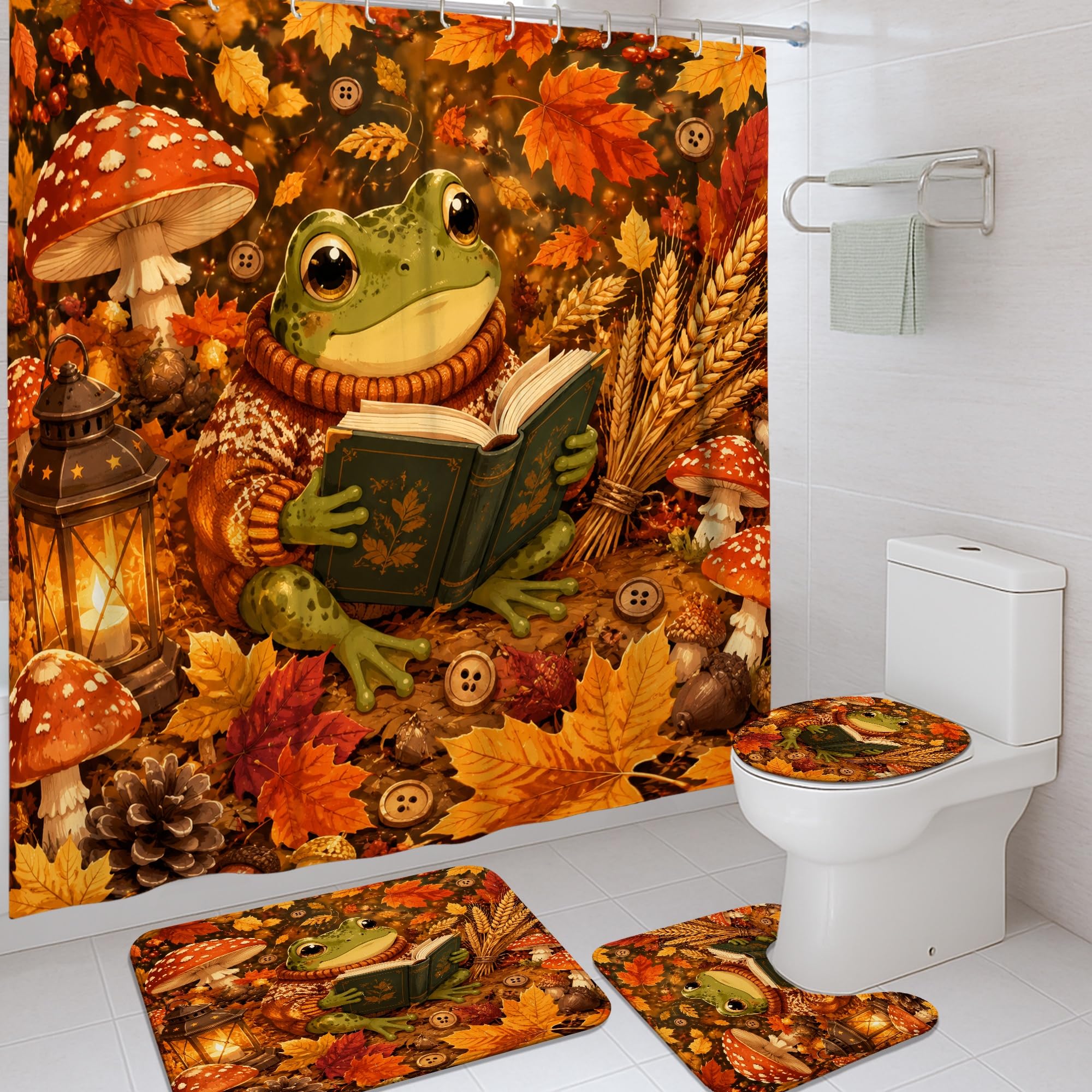 Rideau de douche motif amphibien et champignon rustique grand format salle de bain