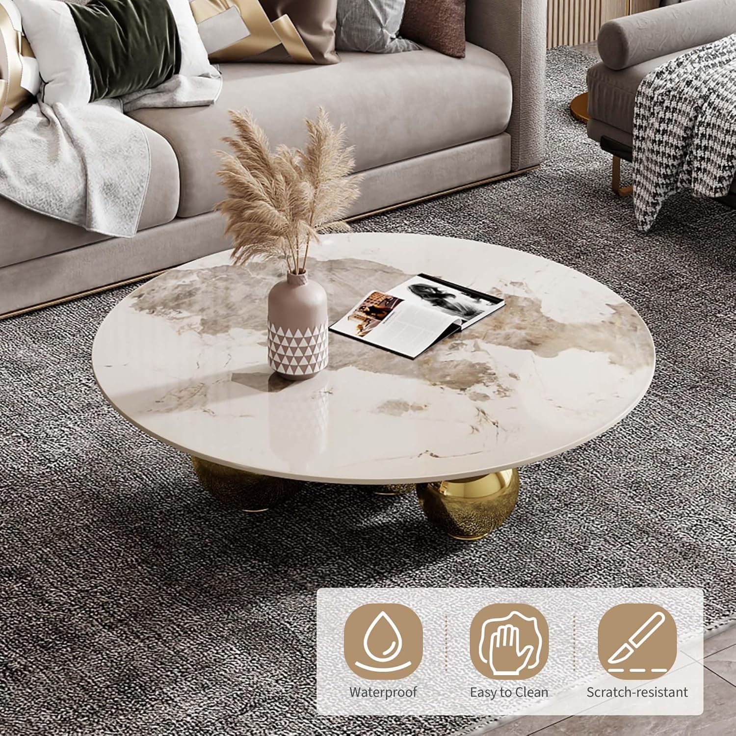 Modern Round Marble Coffee Table, 39.4 inch Marble-Look Top with Gold Ball Base, Center Table for Living Room, Office, Reception Room (White)