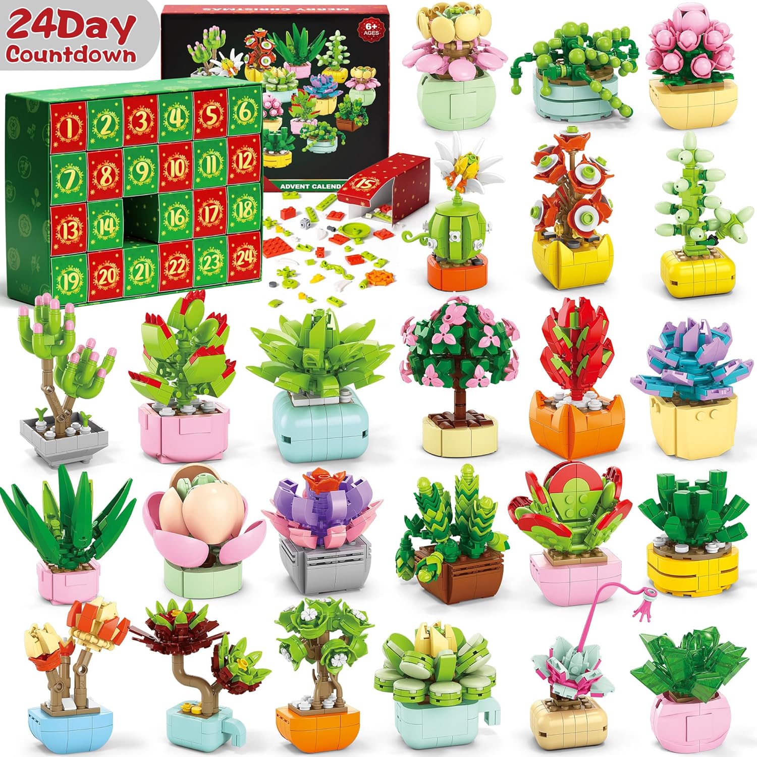 Advent Calendar 2025 for Kids Teens Adults, 24 Days STEM Succulent Flowers Building Blocks Christmas Countdown Calendar Gift Box Set with Botanical Bricks Toys for Boys Girls Women Men Age 6+