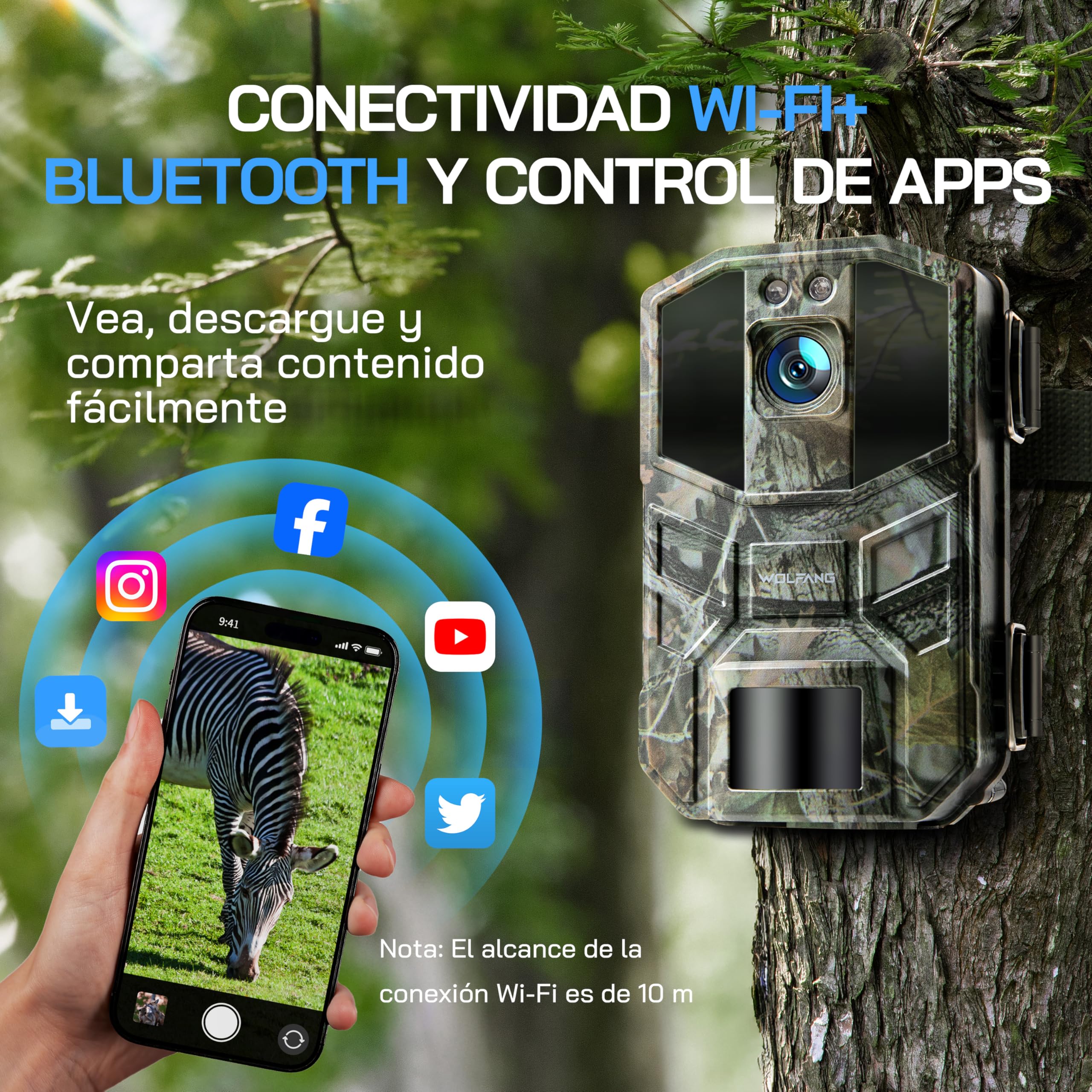 WOLFANG Cámara de Caza WiFi 4K 64MP, Camara Fototrampeo con 0.1s Velocidad de Disparo, Visión Nocturna, Diseño de Temporizadorn, IP66 para Vida Silvestre y Monitoreo de Seguridad
