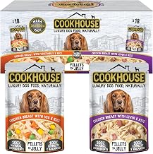 COOKHOUSE 100% Natural & Complete Luxury Wet Dog Food - 36 x 100g Pouches - Chicken Breast with Vegetables & Rice/Chicken Breast with Liver & Rice - Fillets in Jelly