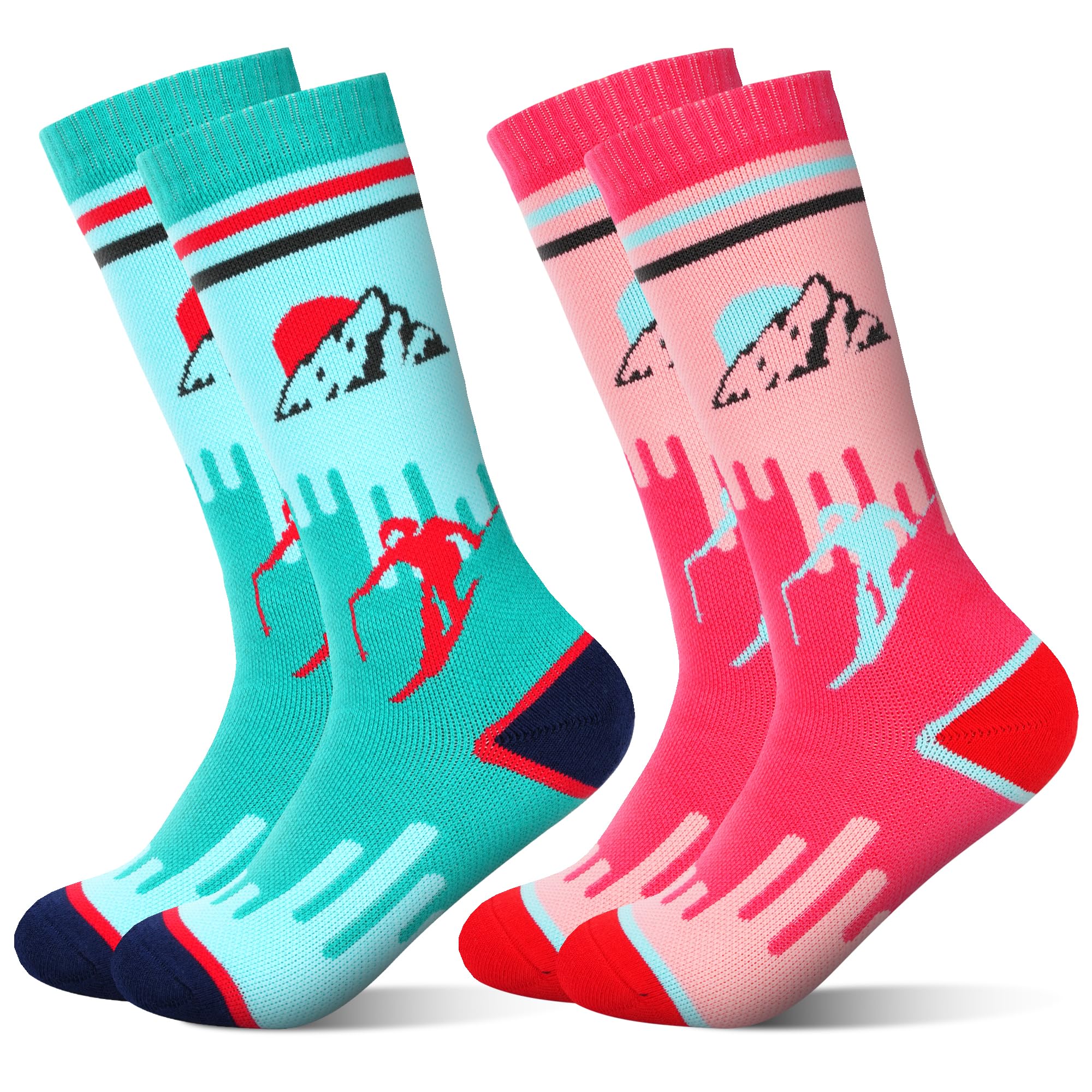 ELUTONG Kinder Skisocken, 2 Paare Jungen und Mädchen Warme Skisocken mit Sonnenaufgangs und Schneemannmotiven für Kinder 3-10 Jahre