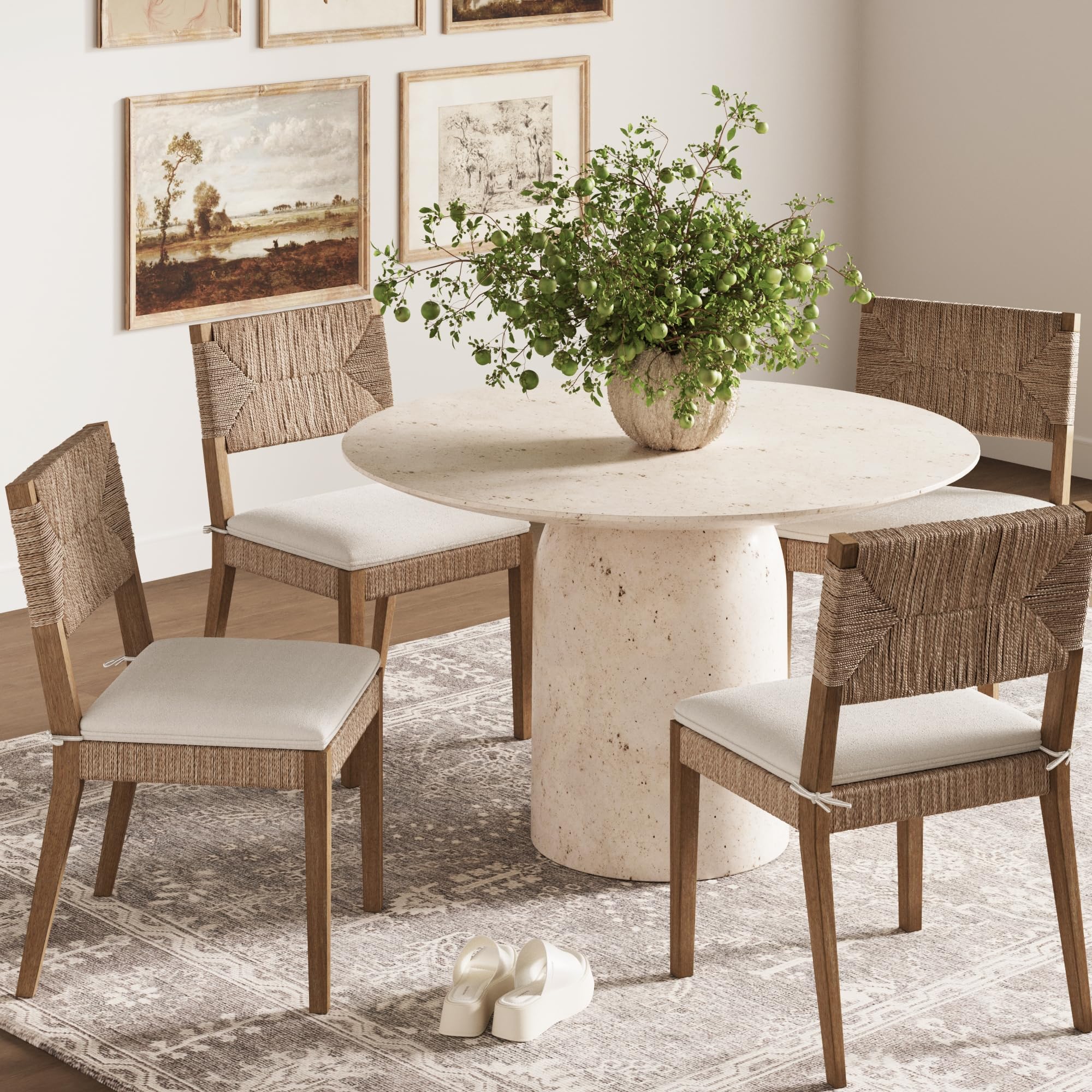 Beacon Boho Dining Chair Set of 4, Boucle Dining Chair with Seagrass Accent and Solid Wood Legs, Cream Boucle/Light Brown