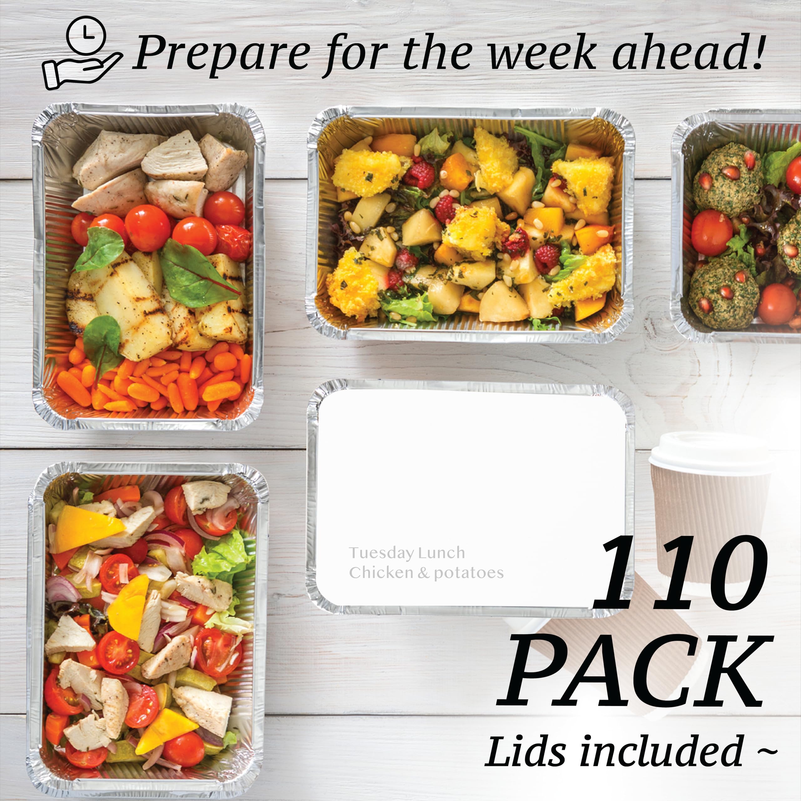 Spare Essentials Paquete de 110 sartenes de aluminio de 2.2 libras con tapas de cartón, recipientes de aluminio con tapas, recipientes desechables para alimentos, bandejas de preparación de comidas,