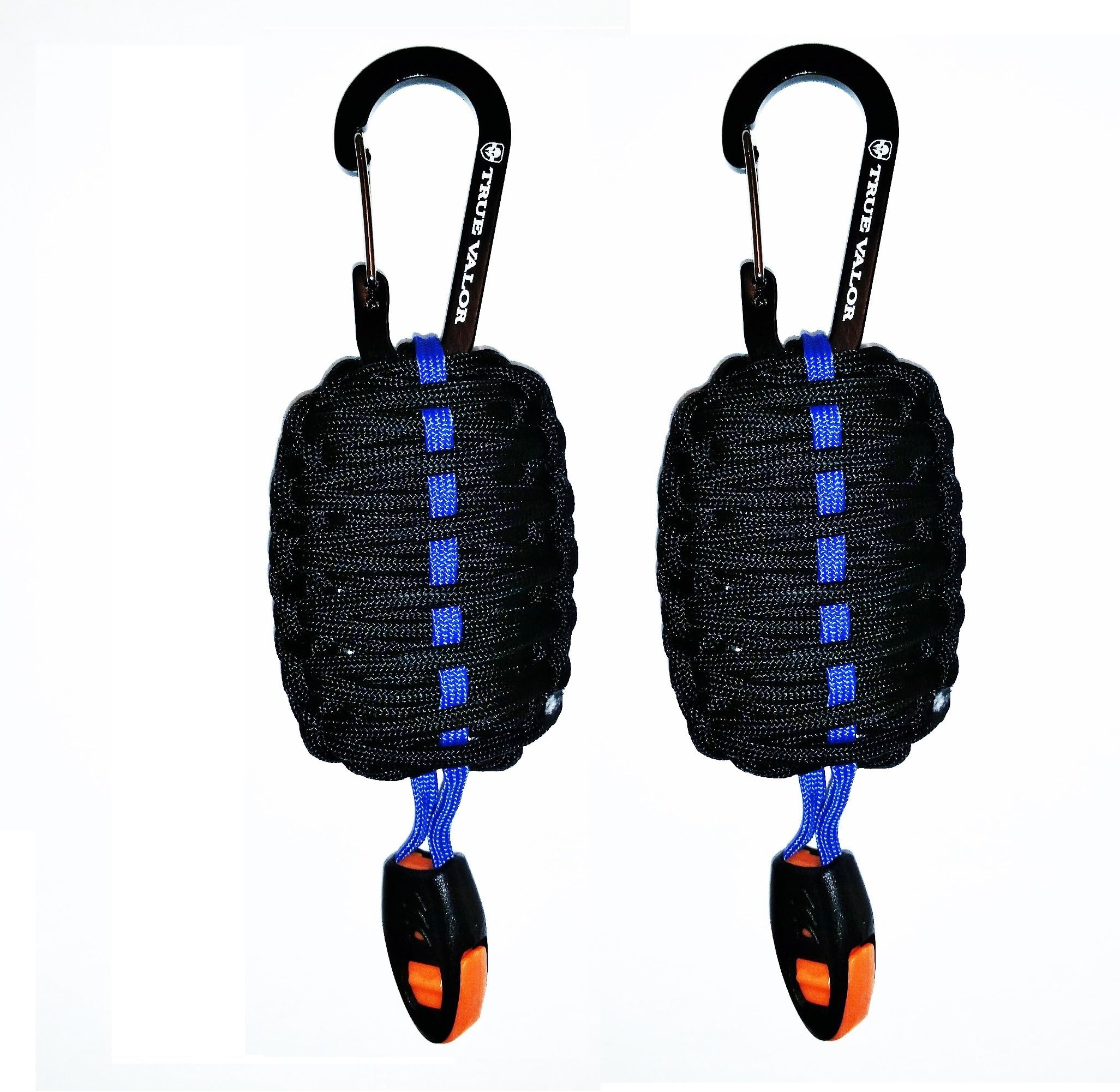 Emergency Survival Kit 2 Pack by True Valor - Thin Blue Line -10 Feet of Paracord with Carabiner, External Orange Emergency Whistle, and Essential Tools