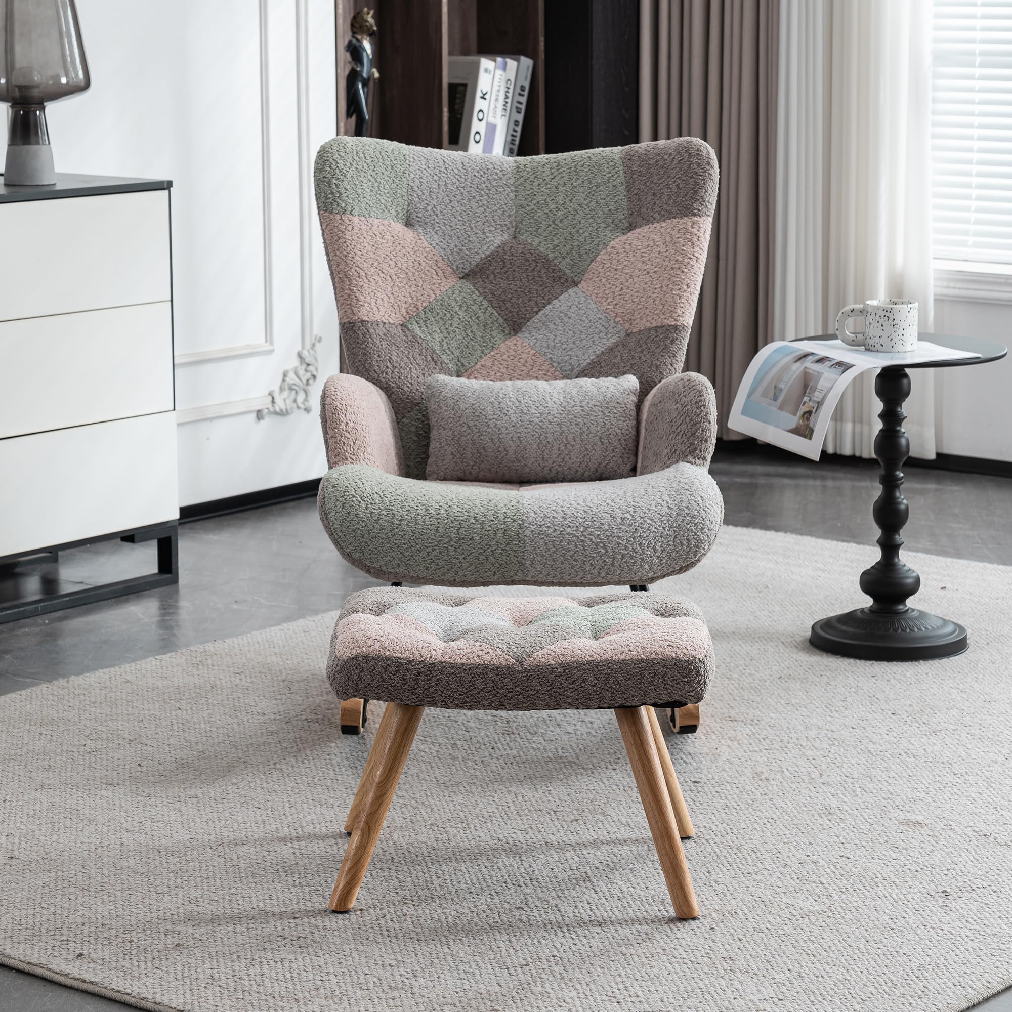 Sillón Mecedora con Madera de Caucho, Salón, Multicolor, Set de 3 Piezas