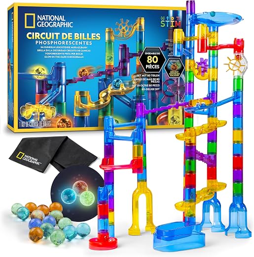 NATIONAL GEOGRAPHIC Percorso di Biglie Fluorescenti – Kit di Costruzione con 15 Biglie in Vetro che si Illuminano al Buio e Sacca, Gioco STEM per Bambini e Bambine