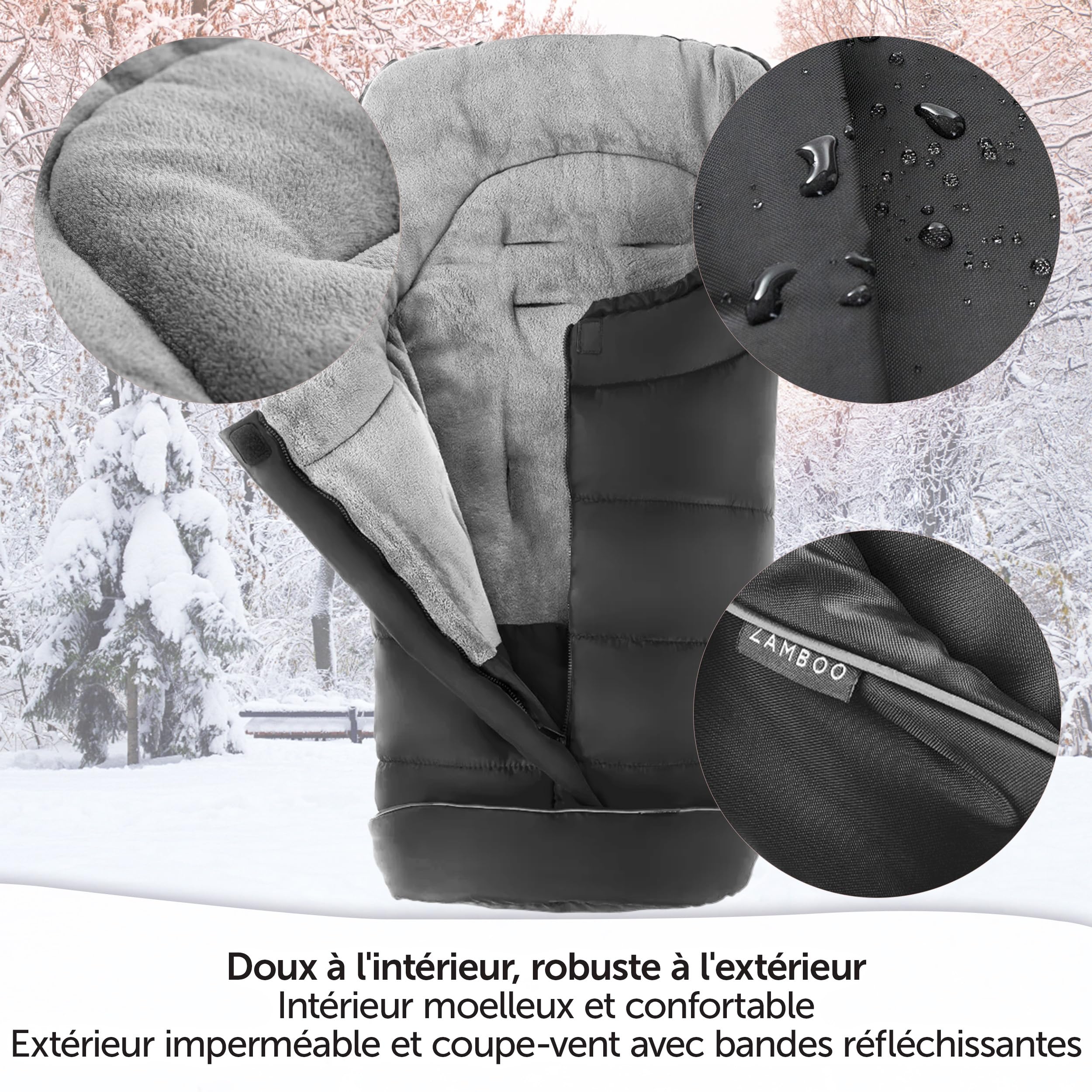 Zamboo Chanceliere Universelle Hiver pour Poussette et Landau – Nid d'ange Bebe en Polaire Thermique, Sac de Rangement, Antidérapant et Bandes Réfléchissantes – Noir