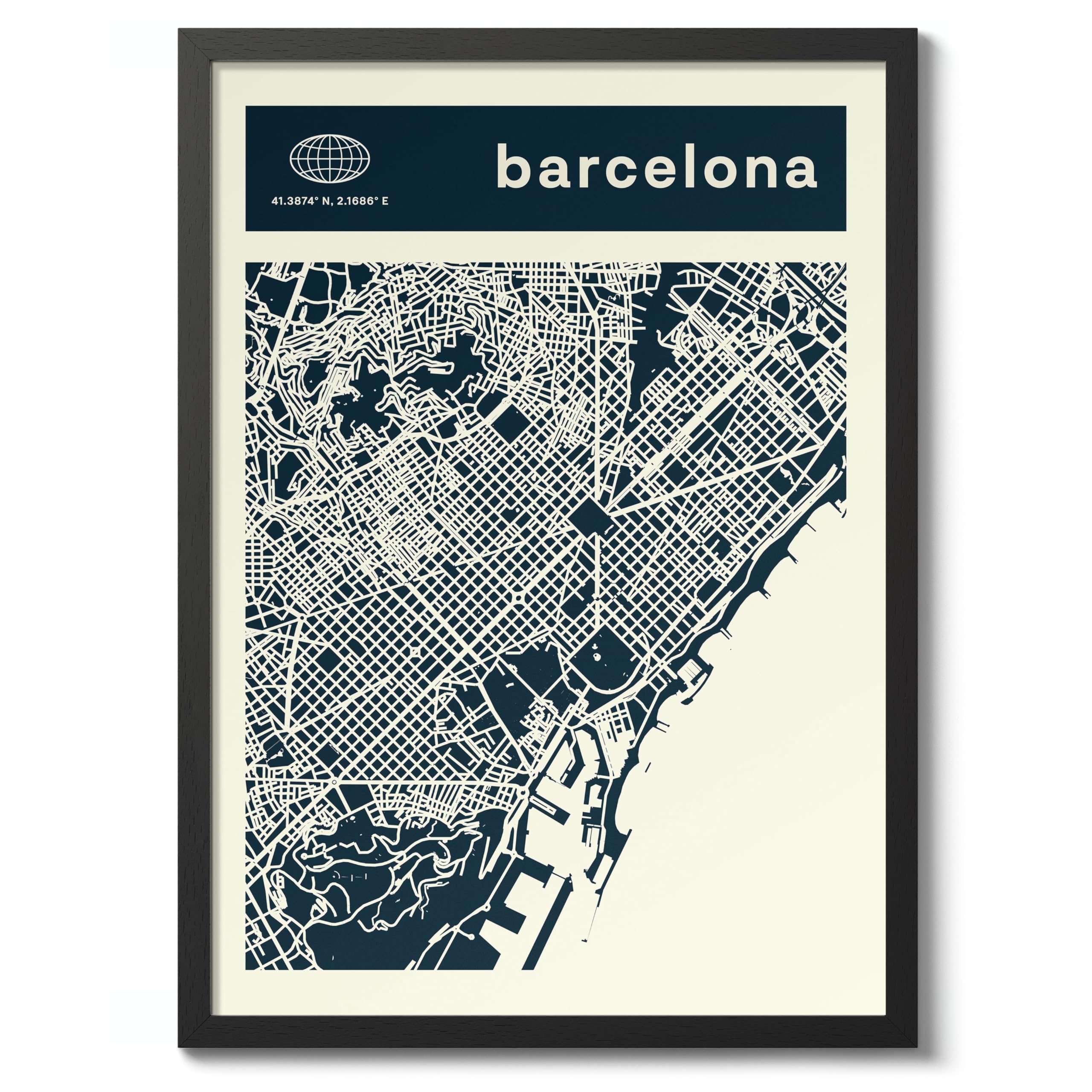 Barcelona Minimalist City Maps Poster, City Coordinates Print, Landmark Apartment Home Decor, 50x70cm (Black Frame) - 53x73cm