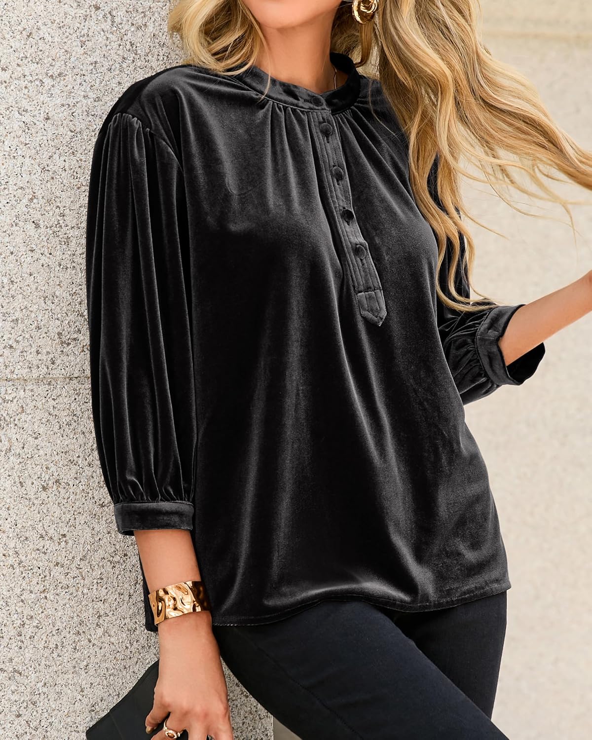 R.Vivimos Fall Tops for Women 2026 Velvet 3/4 Sleeve Henley Button Up Loose Casual Blouses Shirts - Image 4