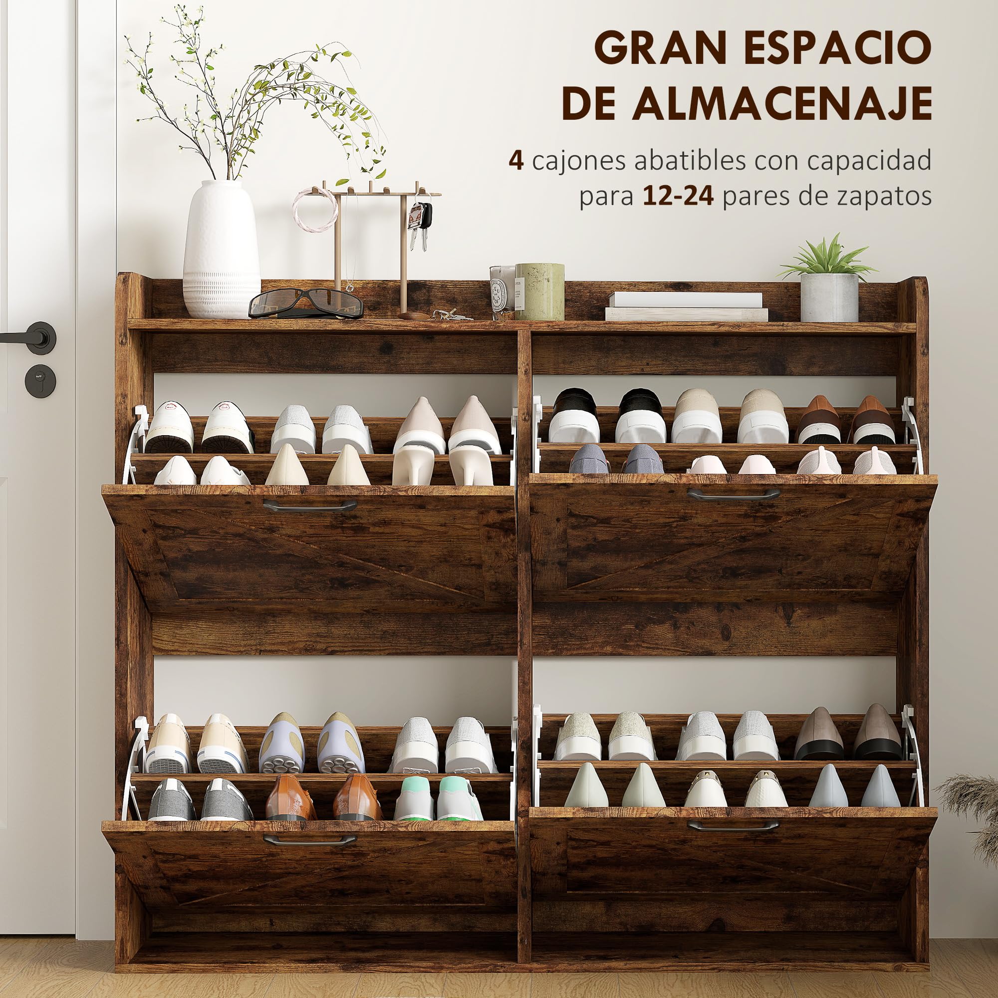HOMCOM Mueble Zapatero Estrecho 4 Puertas 120x24x103 cm Marrón Rústico | Zapatero, Estantes Ajustables, Estilo Industrial, para 24 Pares de Zapatos, hasta Talla 46, para Recibidor Entrada