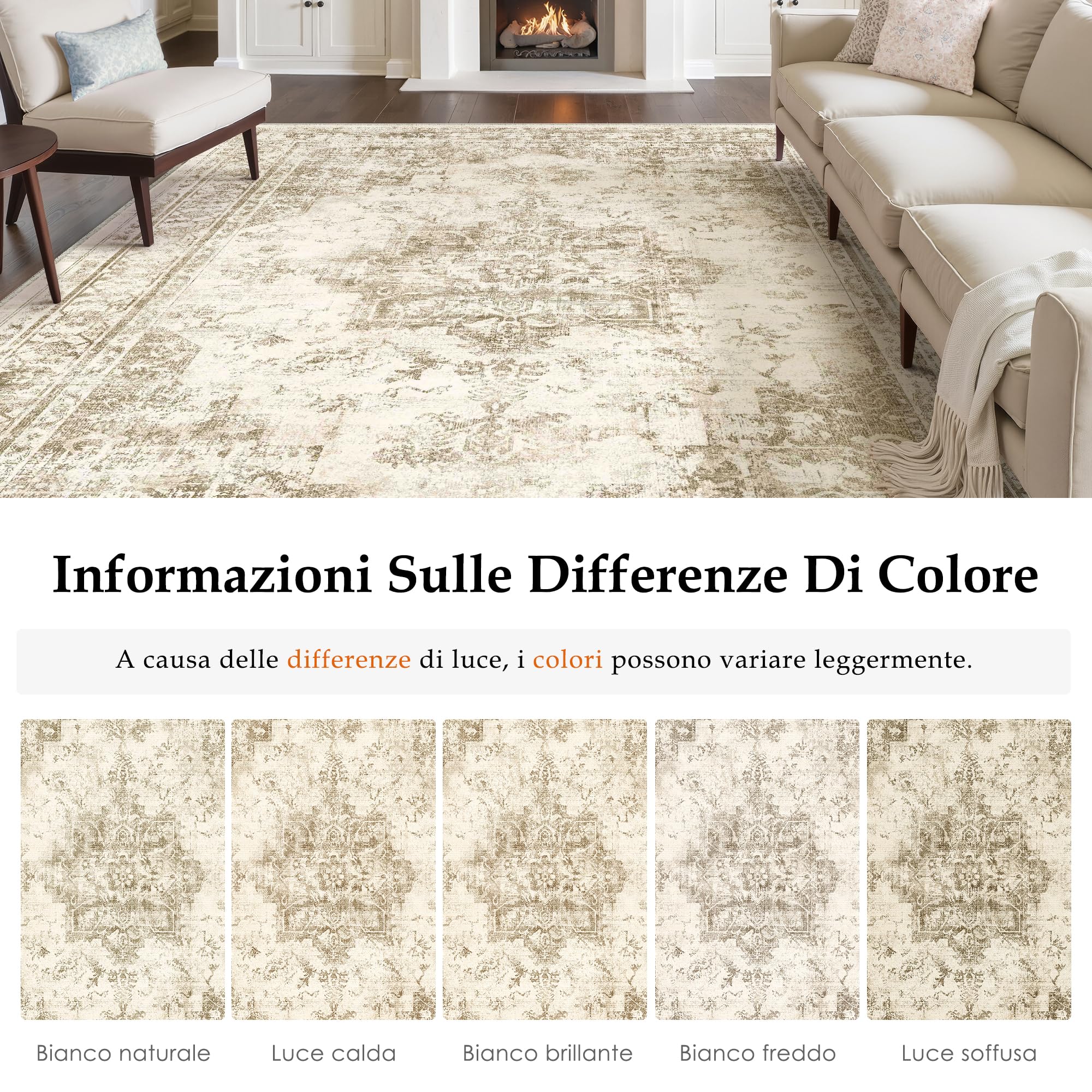 PureCozy Tappeto Salotto Moderno, Tappeti Camera Da Letto, 150x210 cm Tappeto Vintage Corridoio Antiscivolo Lavabile Pelo Corto per Cucina, Soggiorno, Ufficio, Interno,Beige