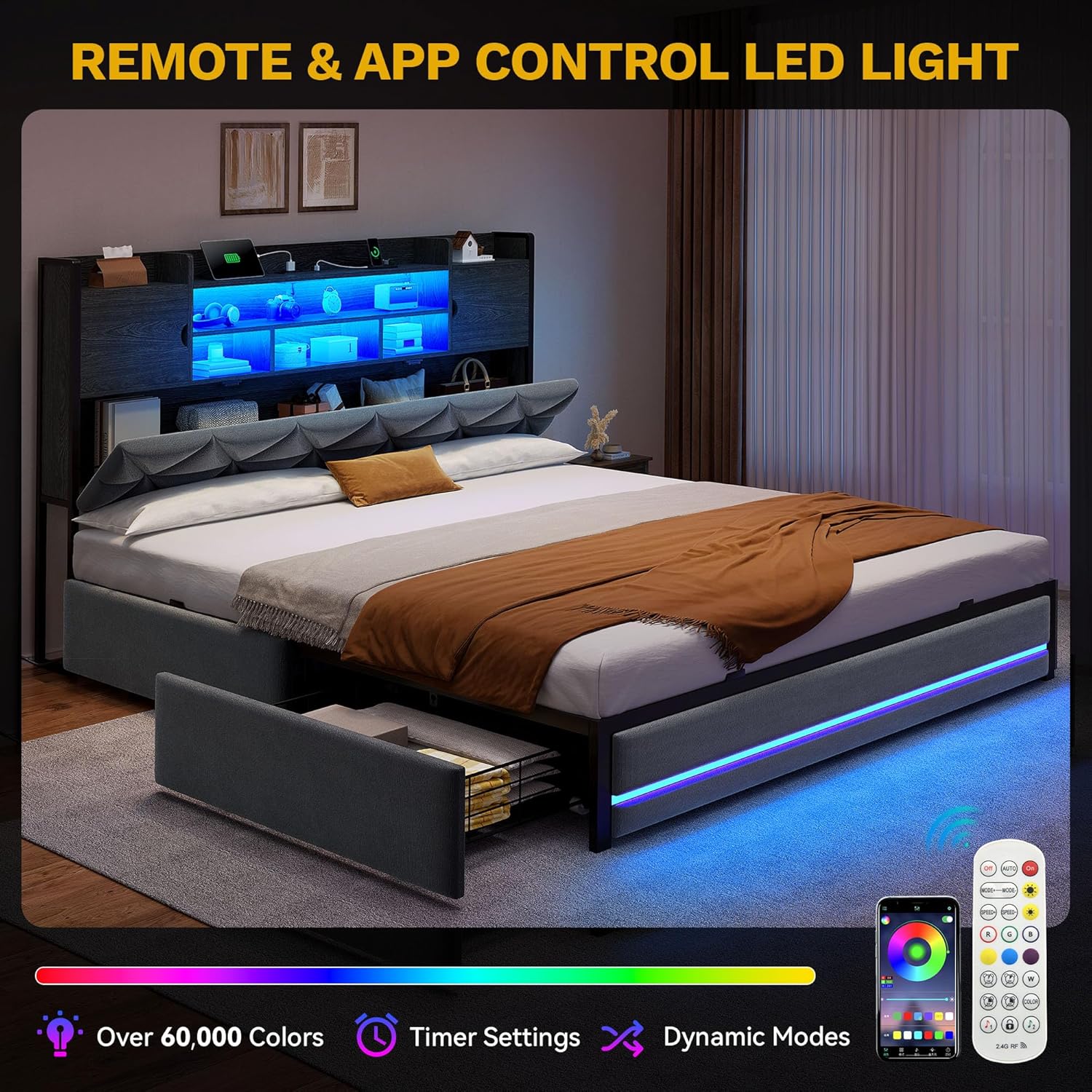 DWVO Queen Size Bed Frame with RGB LED Lights & Storage Bookcase Headboard, Upholstered Bed with Charging Station and 4 Drawers, No Box Spring Needed, Easy Assembly, Noise-Free, Velvet Grey