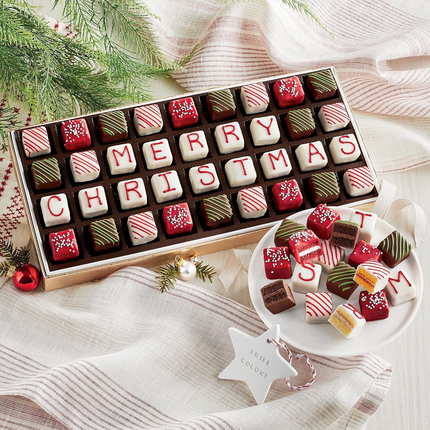 The Swiss Colony Merry Christmas Petits Fours Cakes, Gourmet Mini Layer Cakes in Red Velvet, Strawberry, Chocolate, and Vanilla, Holiday Dessert Cake Assortment
