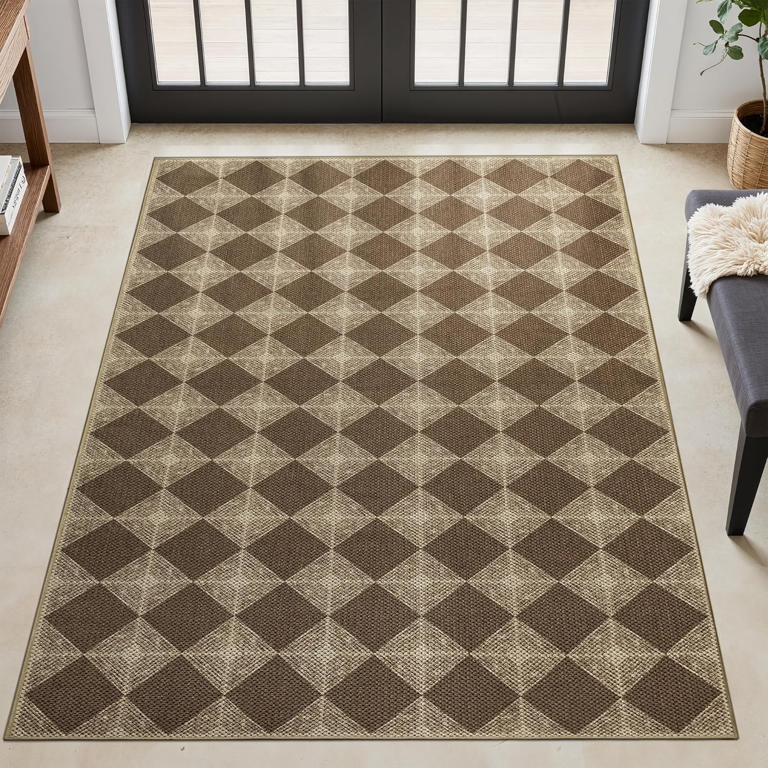 Washable Checkered Entryway Rug 3x5, Brown Easy Jute Outdoor Rug, Non-Slip Textured Diamond Indoor Outdoor Carpet for Patio, Farmhouse Neutral Door Rug for Backyard & Bedroom