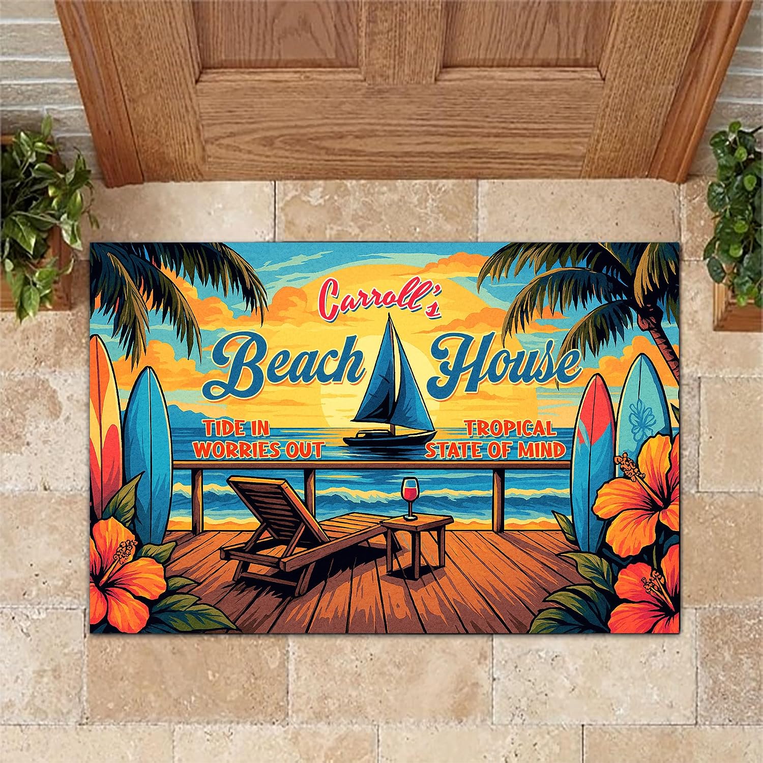 Personalized Beach House Doormat, Beach Backyard Door Mat Home Decor Indoor/Outdoor, Tropical Coastal Themed Mat (04)