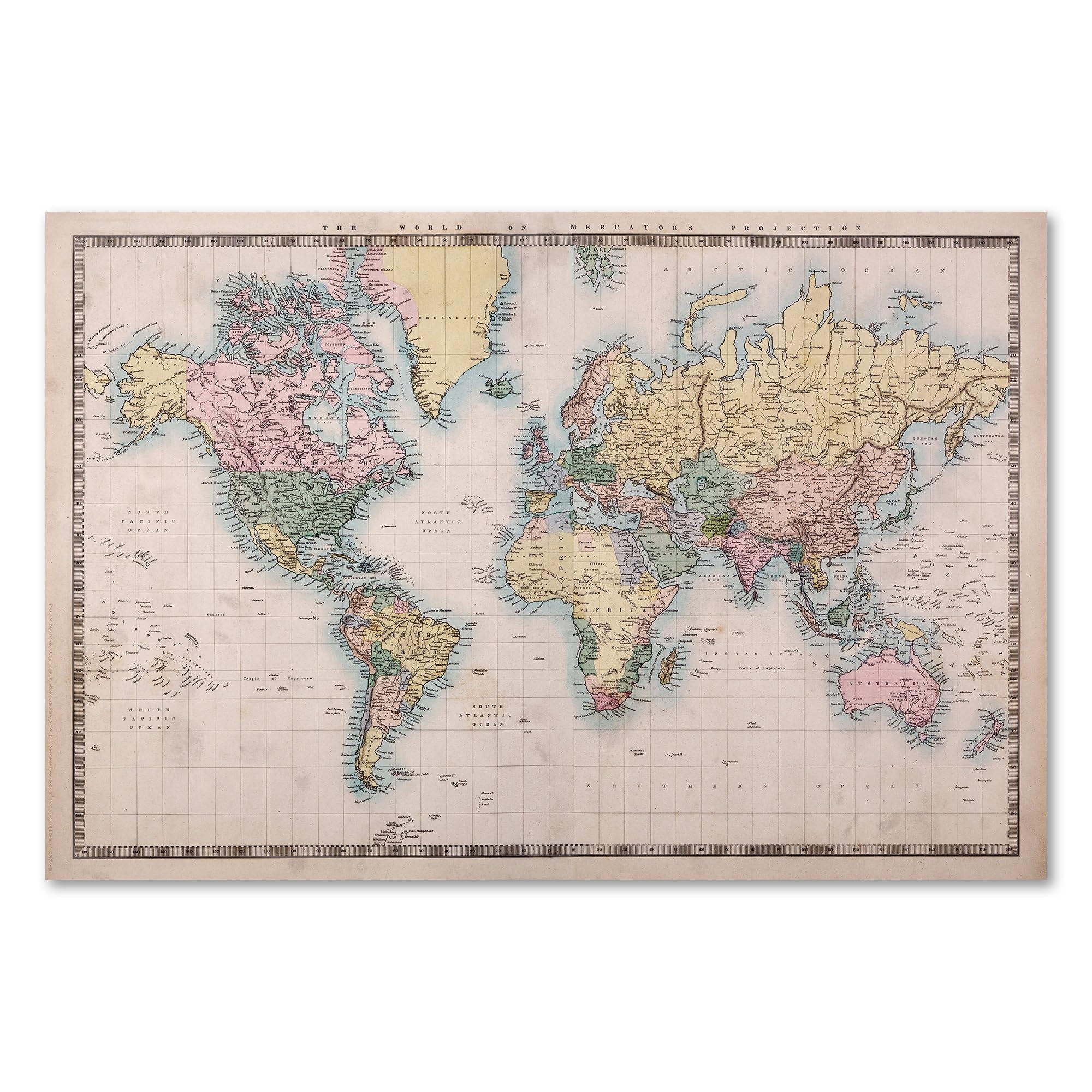 Postereck - 0557 - Historische Weltkarte, Vintage Kontinente Bunt - Unterricht Klassenzimmer Schule Wandposter Fotoposter Bilder Wandbild Wandbilder - Leinwand - 100,0 cm x 75,0 cm
