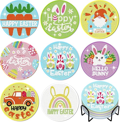 8 posavasos de pintura de diamantes para bricolaje posavasos de Pascua posavasos de arte de diamante kits de pintura de diamantes de conejo