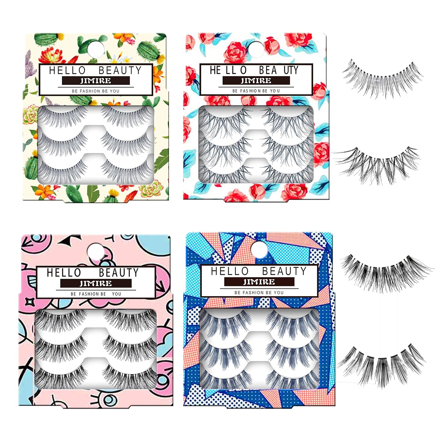 JIMIRE Fake Eyelashes 12 Pairs False Eyelashes Multipack Reusable 4 Styles False Lashes