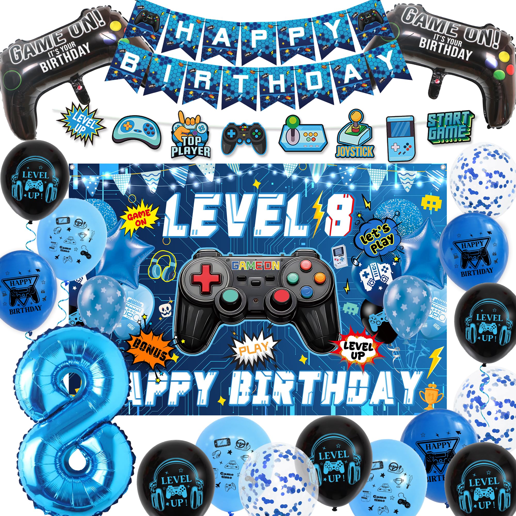 8th Birthday Decorations Banner Set - Blue Gaming Theme Balloons Kit with Hanging Swirls, Happy Birthday Backdrop Banners and Foil Balloons for Boys 8 Years Old Party Supplies