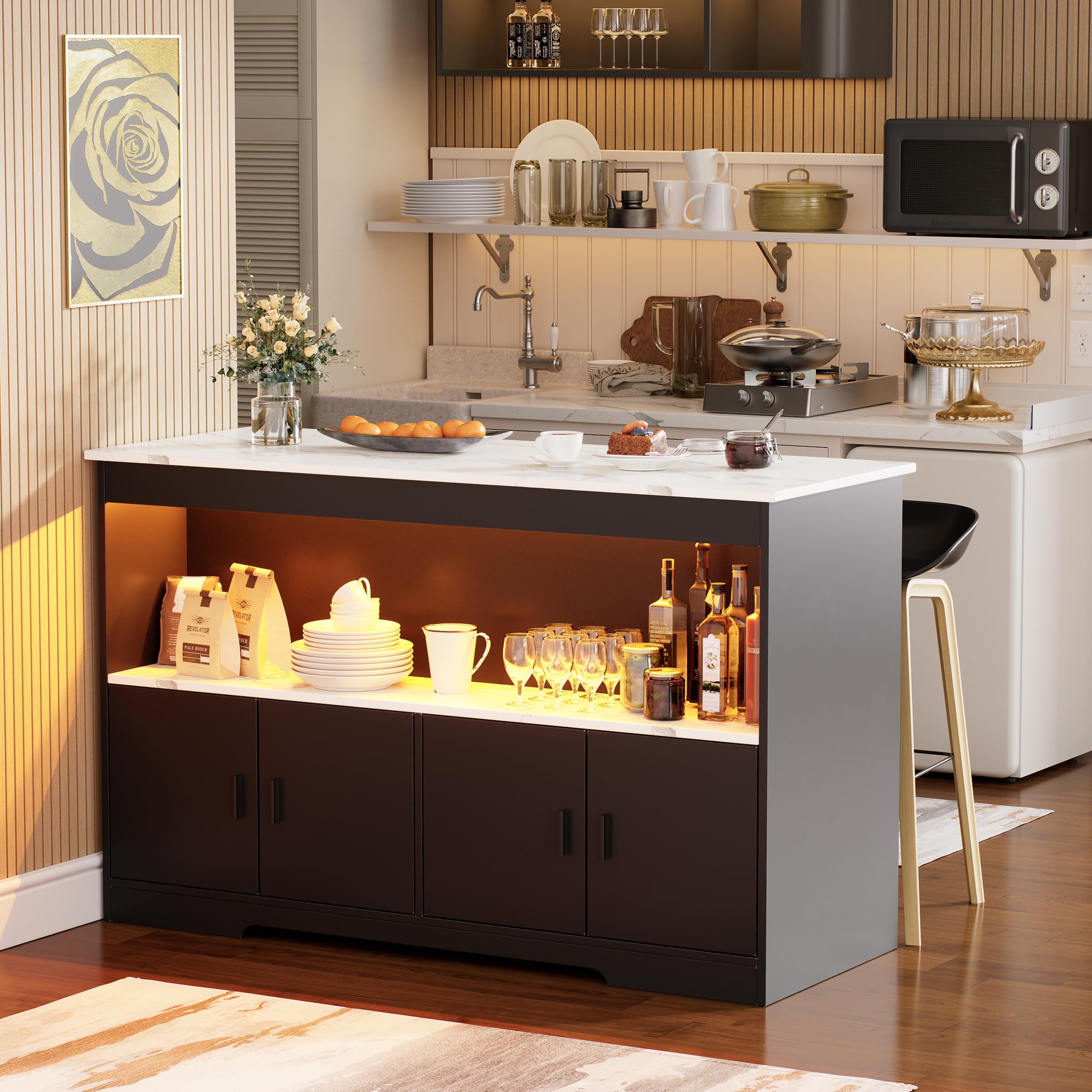 Isola da Cucina con Illuminazione LED Armadio da Cucina con Piano di Lavoro Isola della Cuci-na Moderno Buffet da Soggiorno Tavolo da Pranzo con spazio di archiviazione per la Casa Cucin 50*110*78.2CM