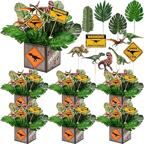 Juego de 6 centros de mesa de fiesta de parque de dinosaurios, incluye 6 cajas de dinosaurios, centro de mesa, 48 varillas, accesorios para cabina