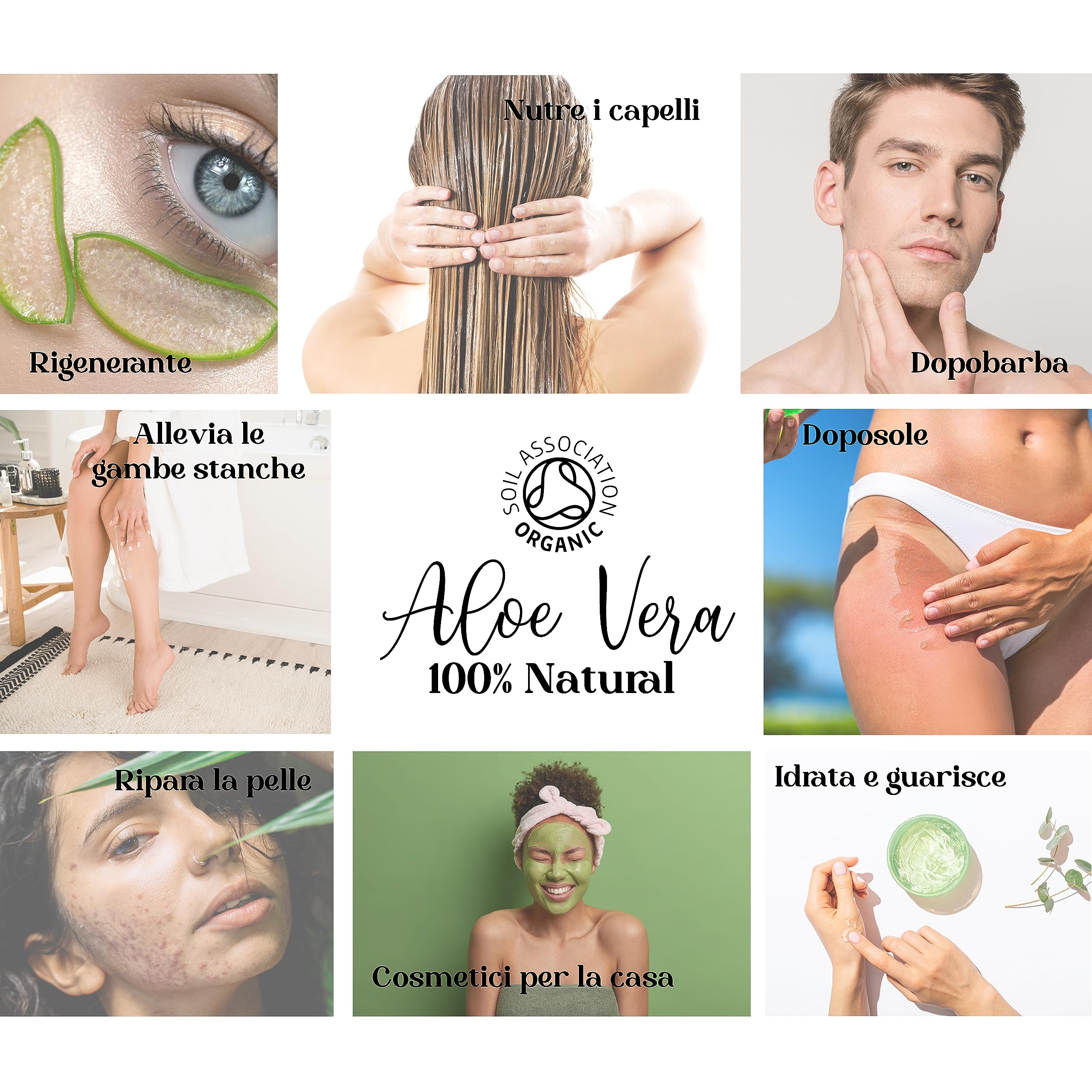 Gel di Aloe Vera Puro al 100% - Idratante per Viso, Corpo e Capelli - Lenitivo per Scottature, Dopobarba e Trattamento Acne- 1000 ml 1 kg