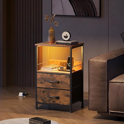 Miniatura 7 de WLIVE Mesita de noche con estación de carga, mesita de noche LED con 2 cajones de tela y estante de almacenamiento, mesitas de noche pequeñas para