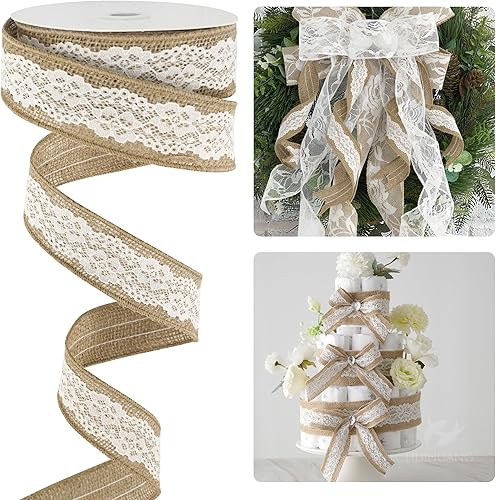 HUIHUANG Cinta de arpillera con cinta de encaje con cable, cinta de arpillera de yute de encaje blanco para coronas, manualidades rústicas, lazos