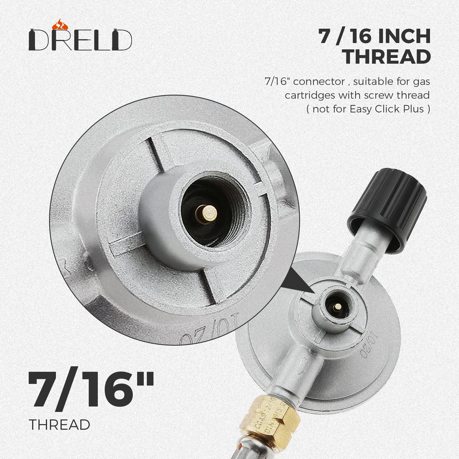 DRELD Regulador ajustable de 50 mbar con manguera de 80 cm de largo, rosca izquierda de 1/4 pulgadas y rosca universal hembra de 7/16 pulgadas para parrilla de gas de camping, botella de propano y