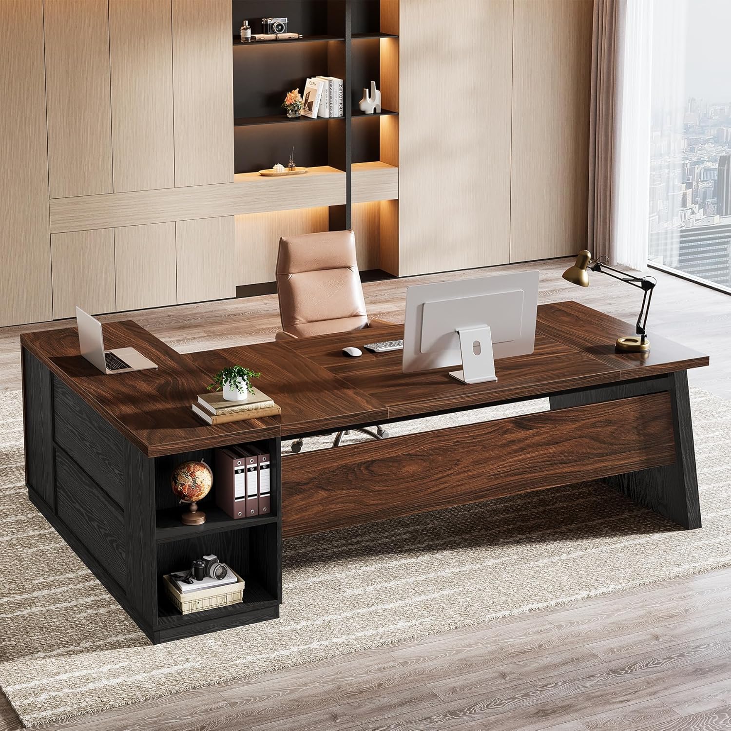 Tribesigns 78" L Shaped Executive Desk, Large Office Desk with Drawers and Storage Shelves, Modern Corner Computer Table Business Furniture for Home Office (Walnut & Brown)
