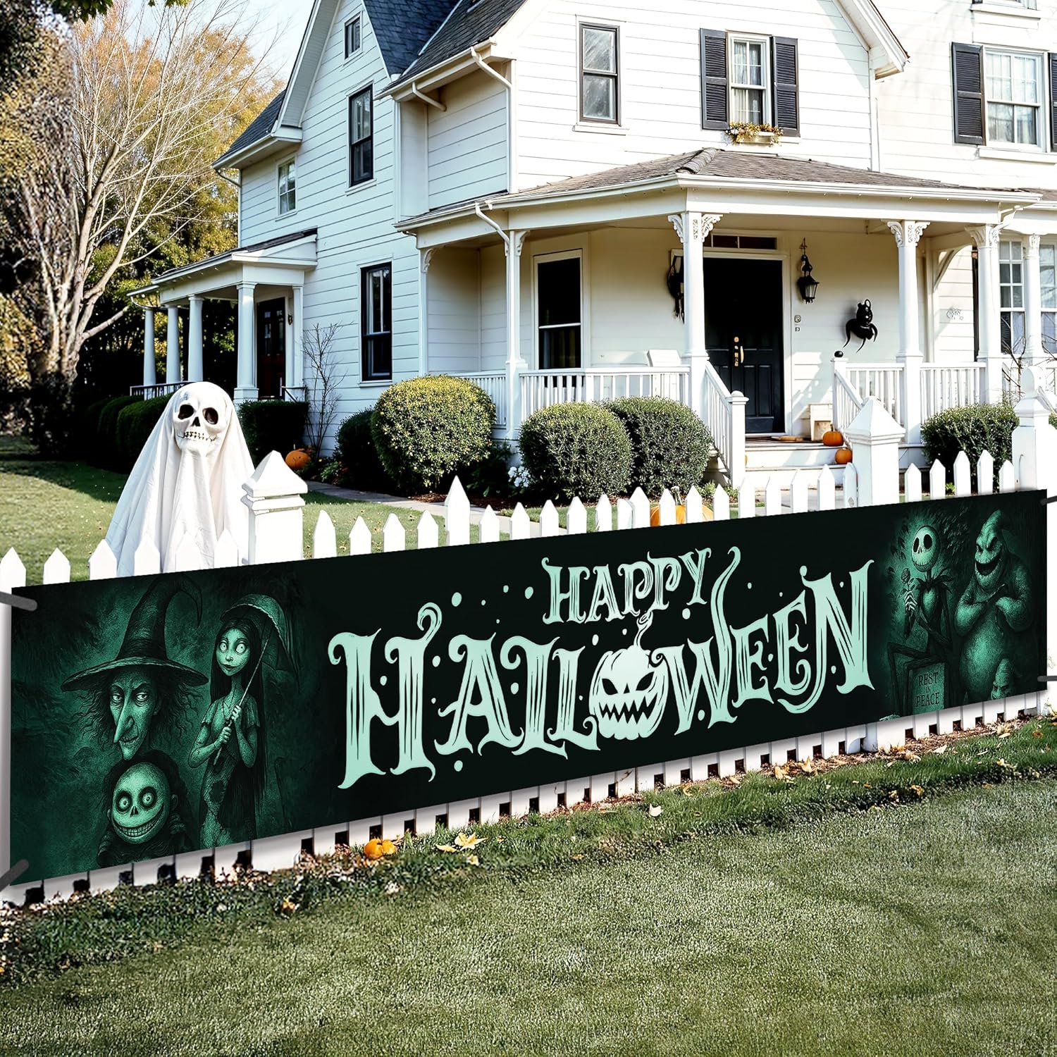 KatchOn, Happy Halloween Banner For Outdoor - 120x20 Inch | Halloween Yard Banner Decoration for Yard | Outdoor Banner for Porch, Fence or Garden Decoration | Hanging Banners for Halloween Decorations