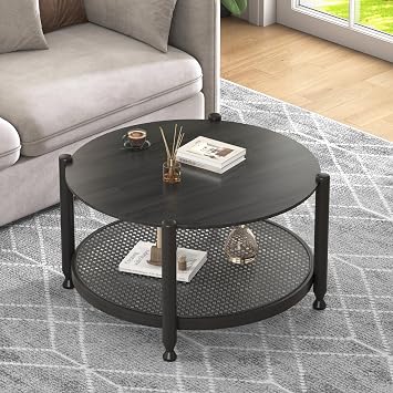 Solid Wood Round Coffee Table, Farmhouse 2-Tier Coffee Table with Woven Rattan Storage Shelf, Black Center Table for Living Room