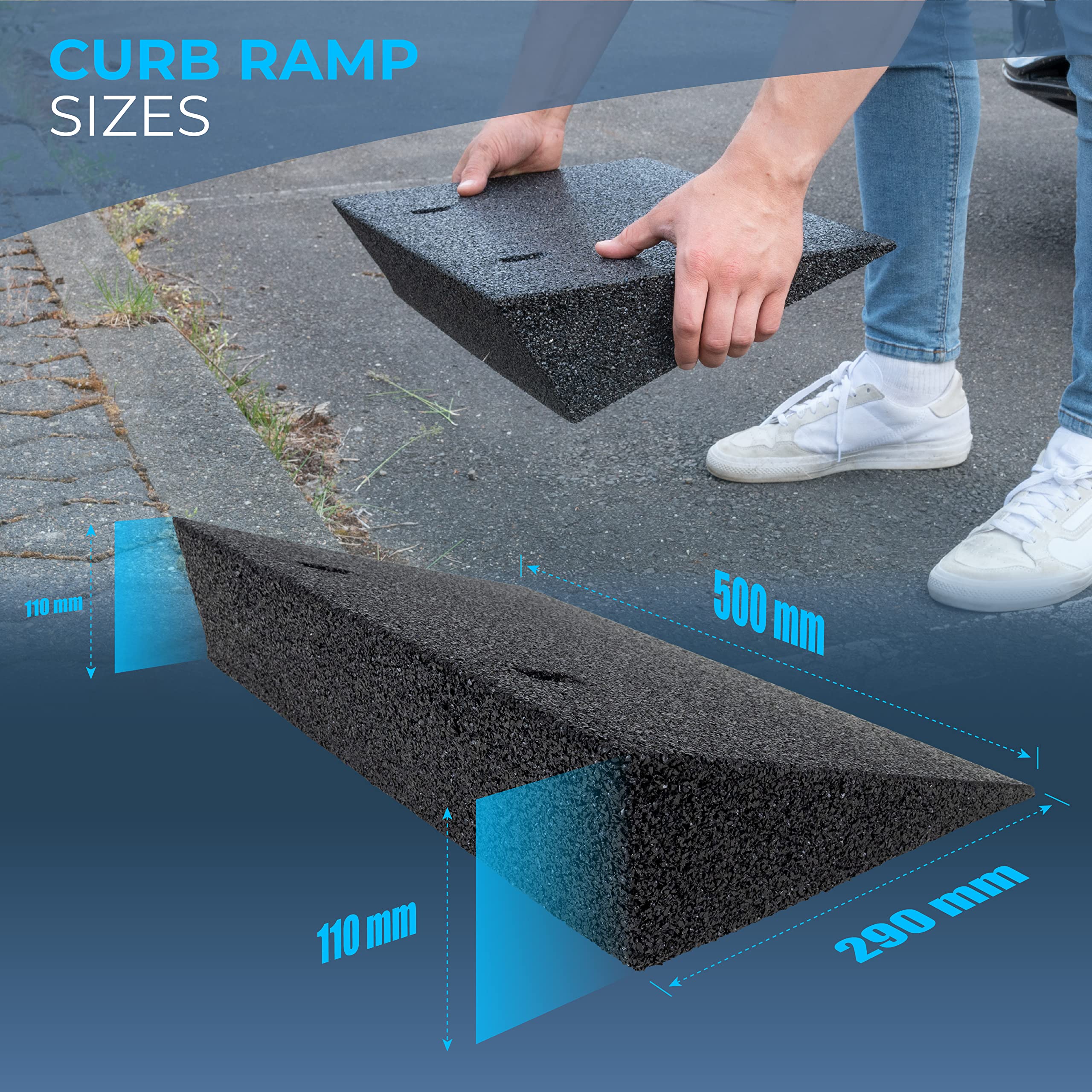 HASKYY Rampa de bordillo de Goma Negra | Ancho: 50 cm | Altura: 110 mm | Rampa de cuña de Goma, rampa para sillas de Ruedas, rampa de Acceso, cuña de Acceso, Ayuda para el Acceso