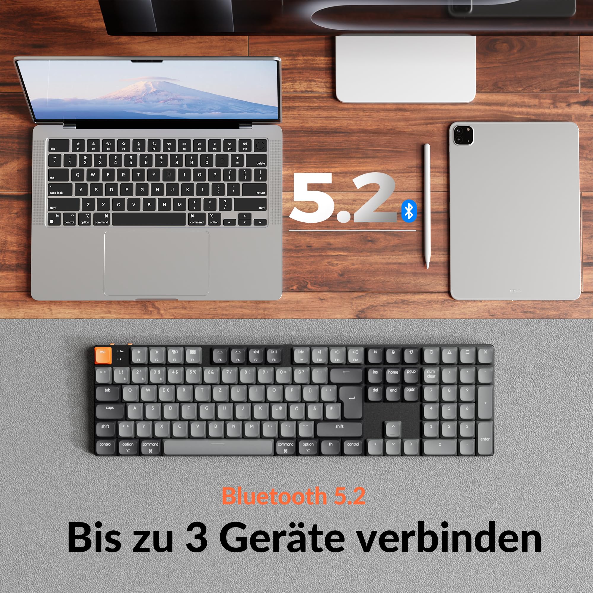 Keychron K5 Version 2 QMK Kabellose Low-Profile Tastatur, 100%-ISO-DE-Layout, RGB, Bluetooth 5.2/USB-C, Shine-Through Tastenkappen, QWERTZ-Tastatur für Mac/Windows/Linux, Milk POM Braun Schalter