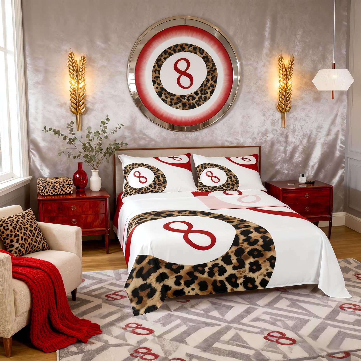 Manfei Lucky 8 Ball Bed Sheets Queen Size,Leopard Funky Y2K Coquette Bedding Set, Preppy Cheetah Trendy Boys Girls Room Decor,White Red Brown Sheet(Fitted+Flat+2 Pillowcases)