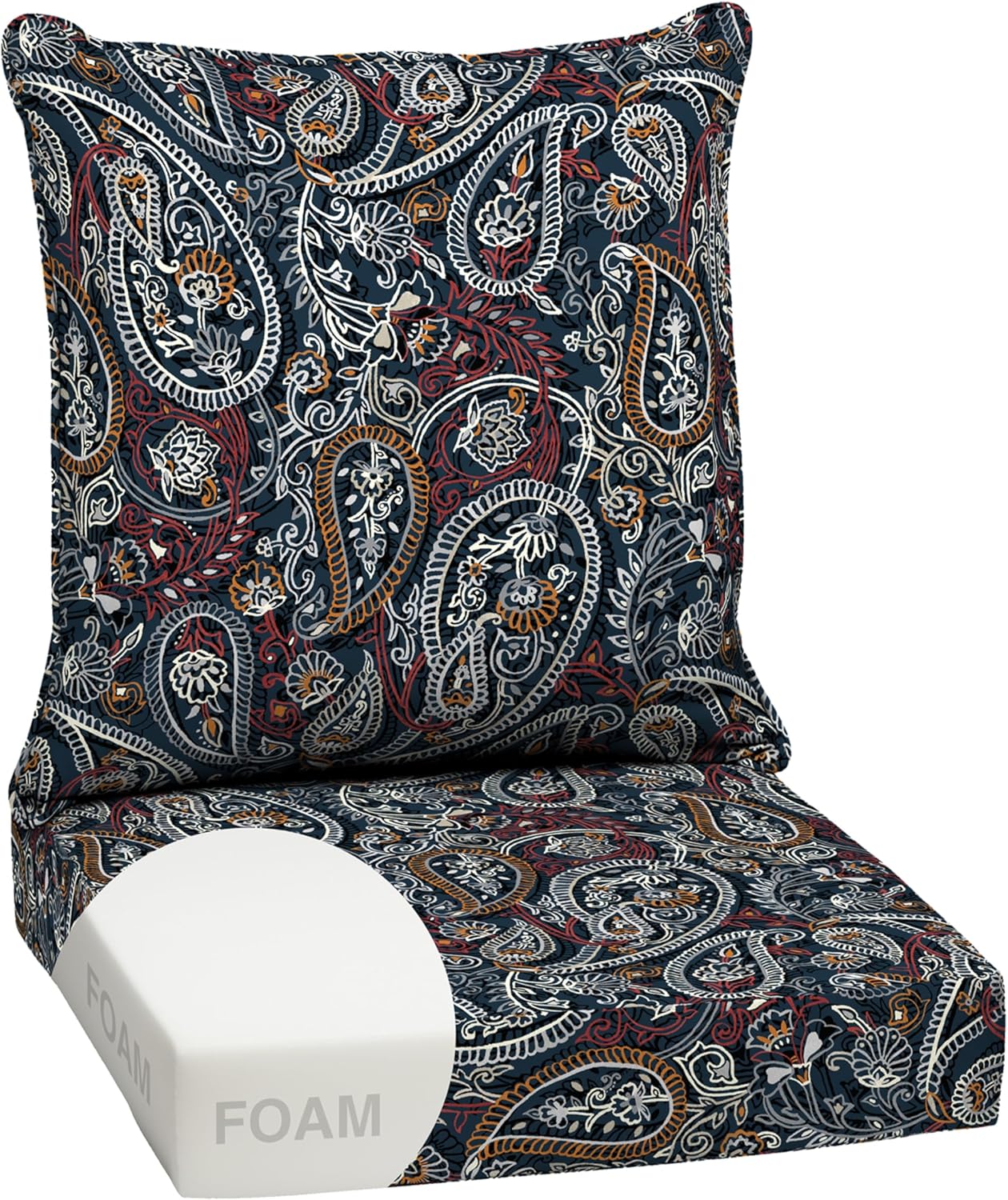 ARDEN Foam Deep Seat Cushion Set 24x24 Navy Palmira Paisley - Weatherproof, Fade-Resistant Outdoor Patio Chair & Sofa Cushions