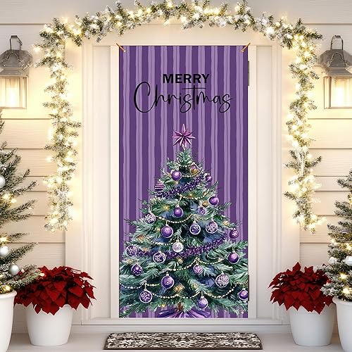 Christmas Tree Door Cover Decoration, Merry Christmas Purple Xmas Tree Front Door Covers Banners Photography Background Decor for Indoor Outdoor Xmas Party Decoration, 35 * 79 Inch