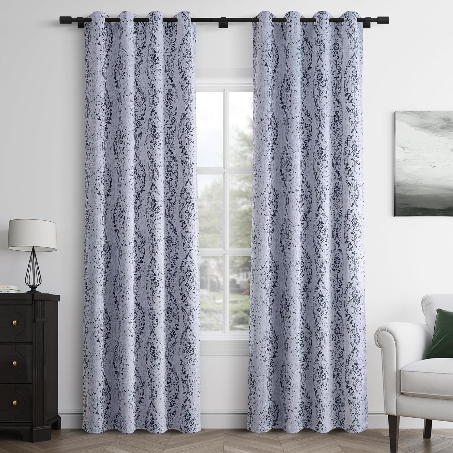100% Blackout Damask Printed Curtains for Bedroom Living Room Blue Flower Patterned Boho Vintage Country Room Darkening Thermal Insulated Soundproof Grommet Top Drapes 96 Inch Length 2 Panels Set
