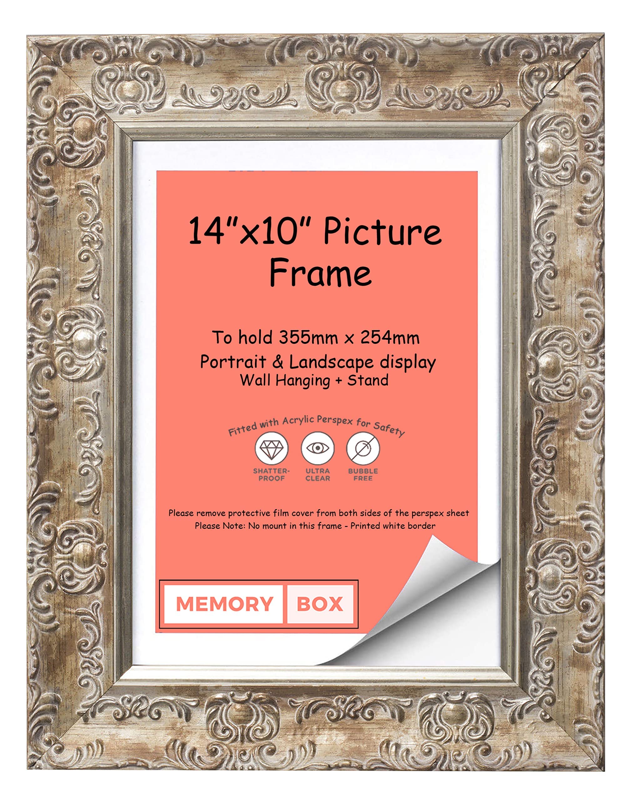 Memory Box WIDE Ornate Shabby Chic Antique swept MUSE Picture/Photo/Poster frame with Real Glass - Moulding 58mm Wide and 28mm Deep - (35.6 x 25.4cm) Distressed White Colour 14" x 10"