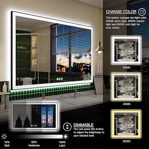 Miniatura 3 de Espejo de baño grande de 55 x 36 pulgadas, retroiluminado y frontal con luz LED, espejo de tocador moderno rectangular negro, regulable, antiniebla,