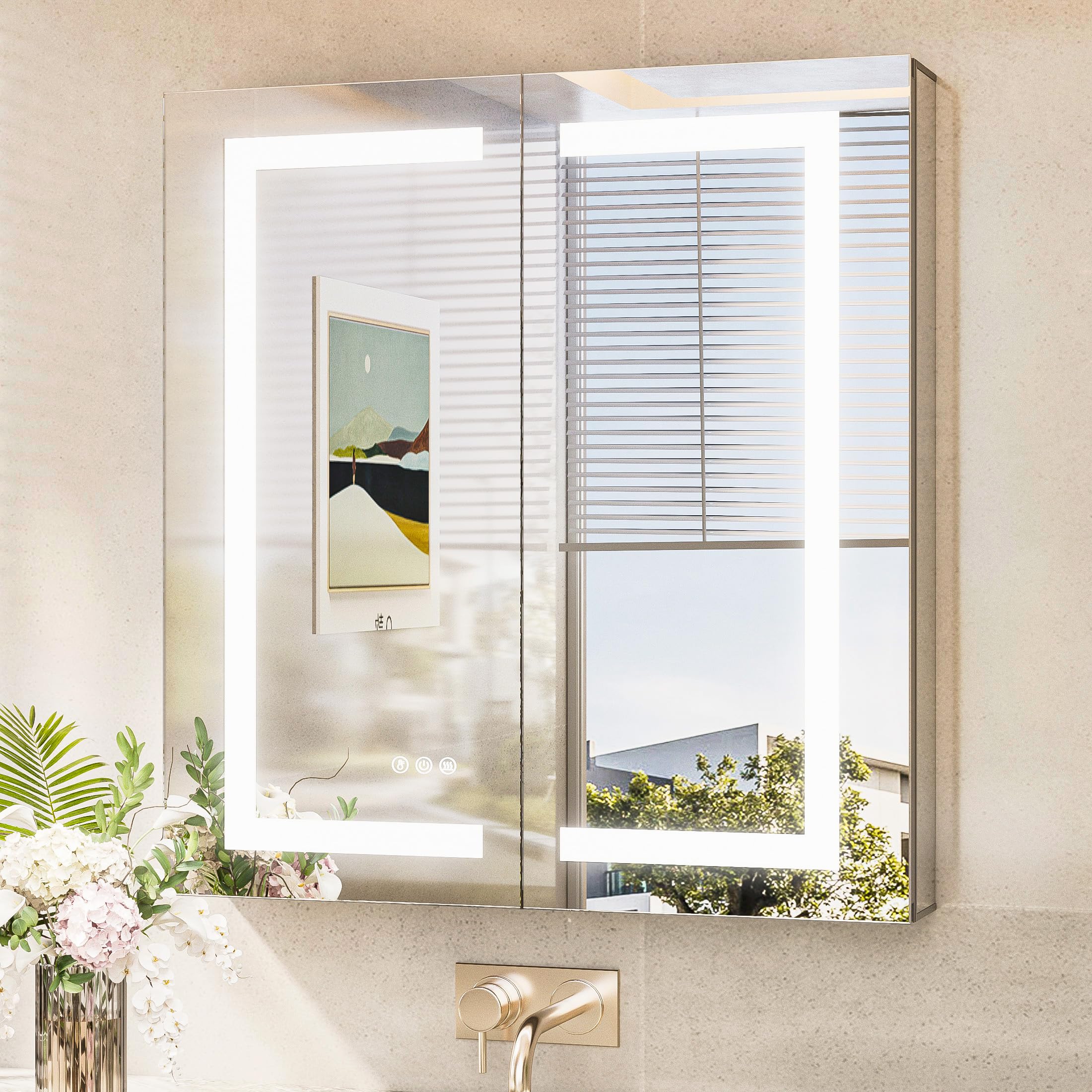 TokeShimi 30x32 Led Medicine Cabinet Mirror with Electrical Outlet, Wall Mounted or Recessed Medicine Cabinet with Light Frontlit, Anti-Fog 3 Colors Dimmable Mirror with Storage for Bathroom