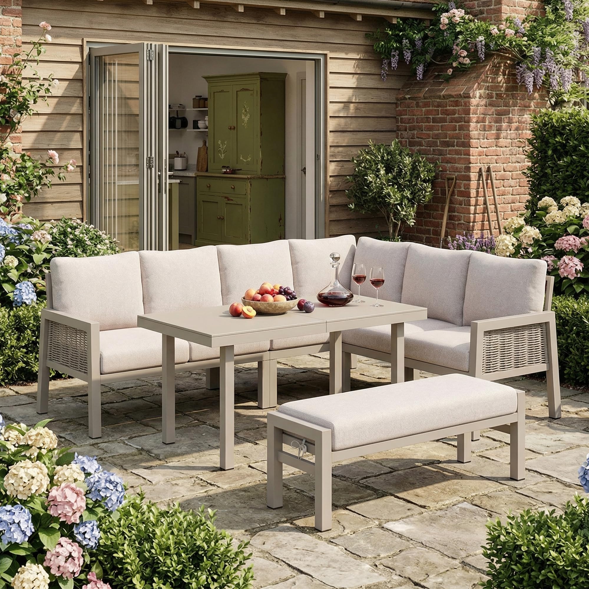 Conjunto de Comedor de jardín para 8 Personas, salón de Esquina y Banco con Mesa, Juego de Muebles de jardín para Exteriores, Trenzado de Polietileno, Acero galvanizado Rosa Claro
