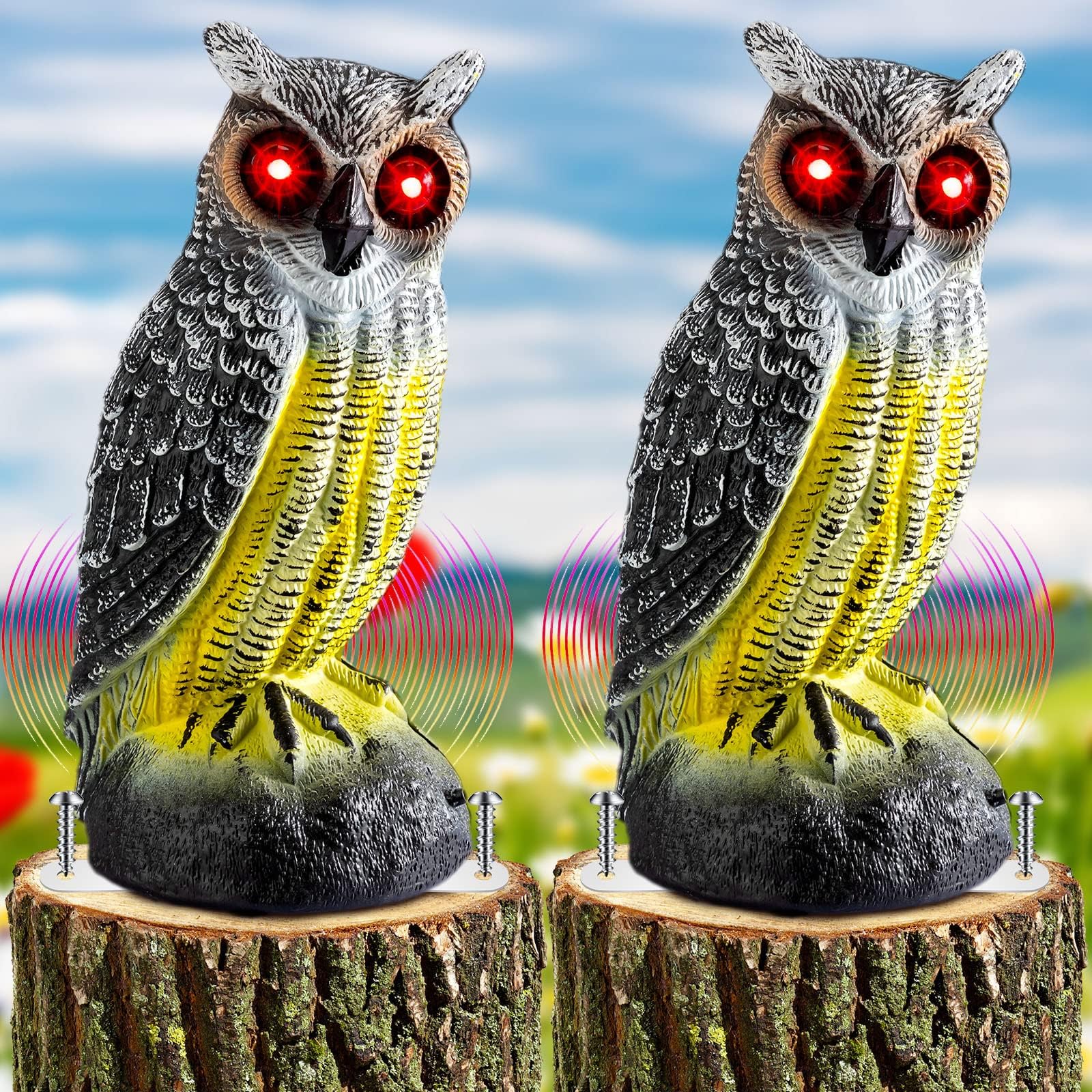Qualirey Fake Owl Decoy to Scare Birds Away Solar Scarecrow Decoy Motion Activated Bird Deterrent Bird Repellent with Red Flashing Eyes Frightening Sound Plastic Scarecrow for Yard (Yellow,2 Pcs)