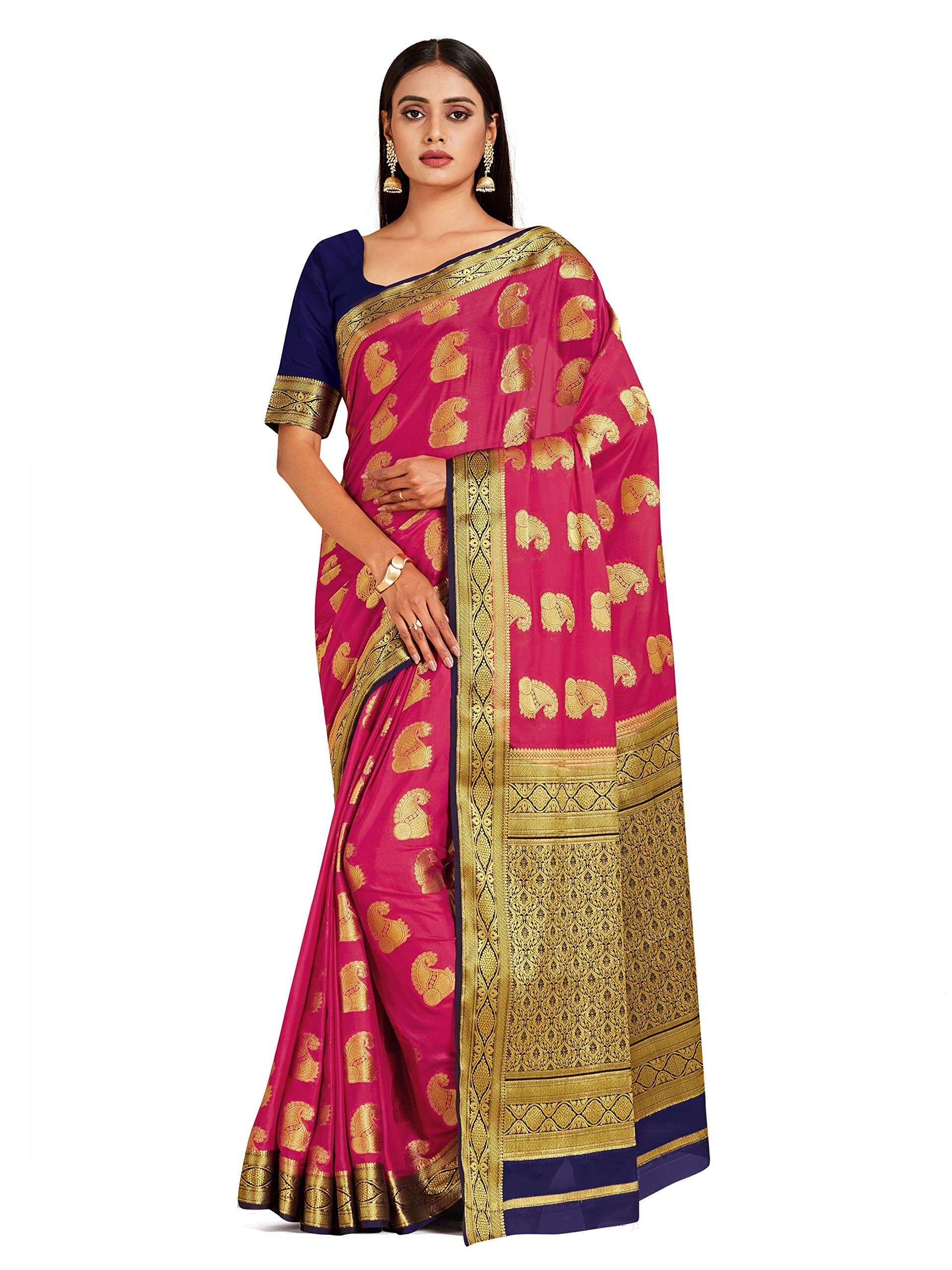 MIMOSAWomen Mysore Silk Style Crepe Saree Color : Pink (4700-2694-2D-St-Nv)
